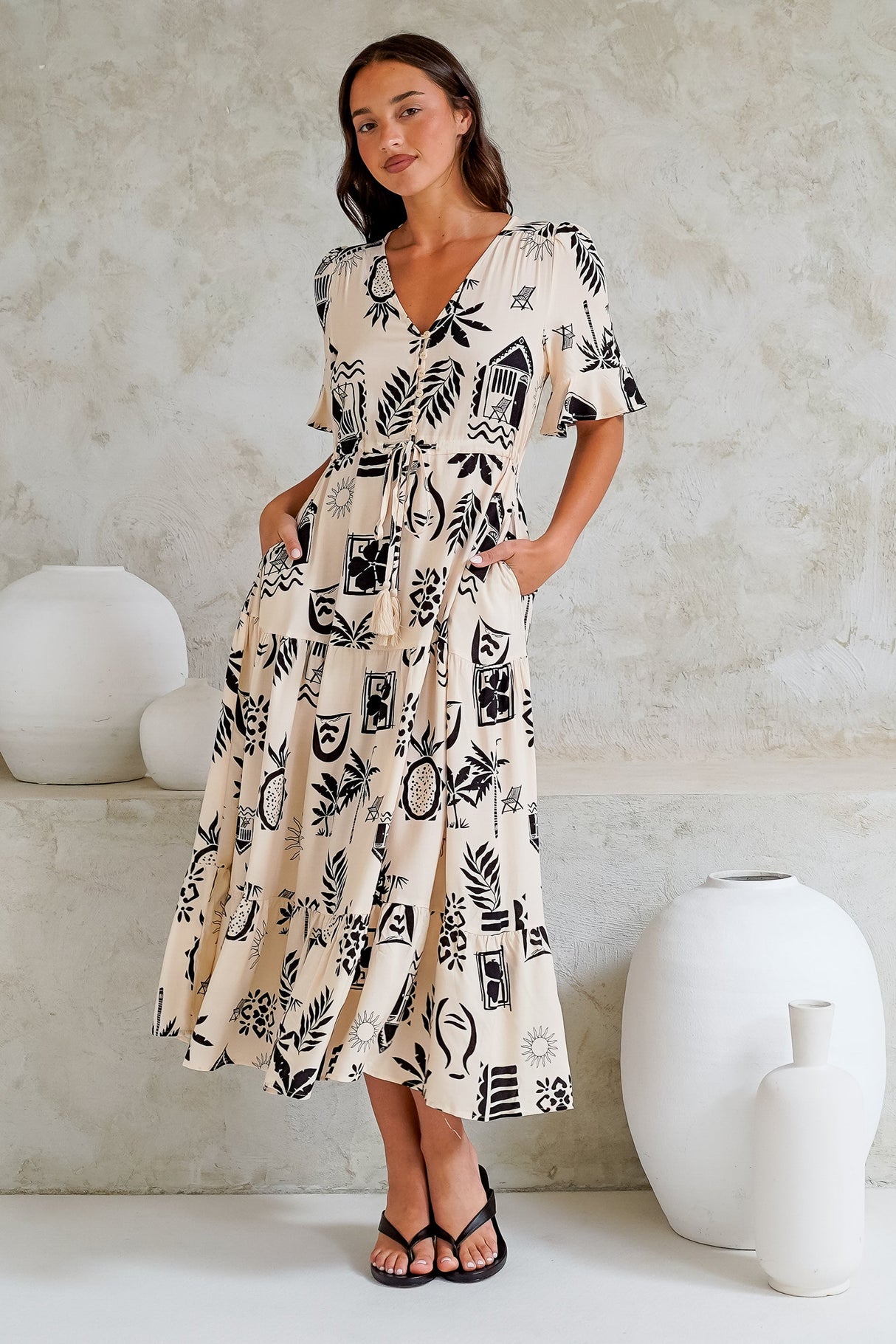 Jackson Midi Dress -- Pull Tie Waist A-Line Dress with Ruffle Trim Sleeves in Beylon Print