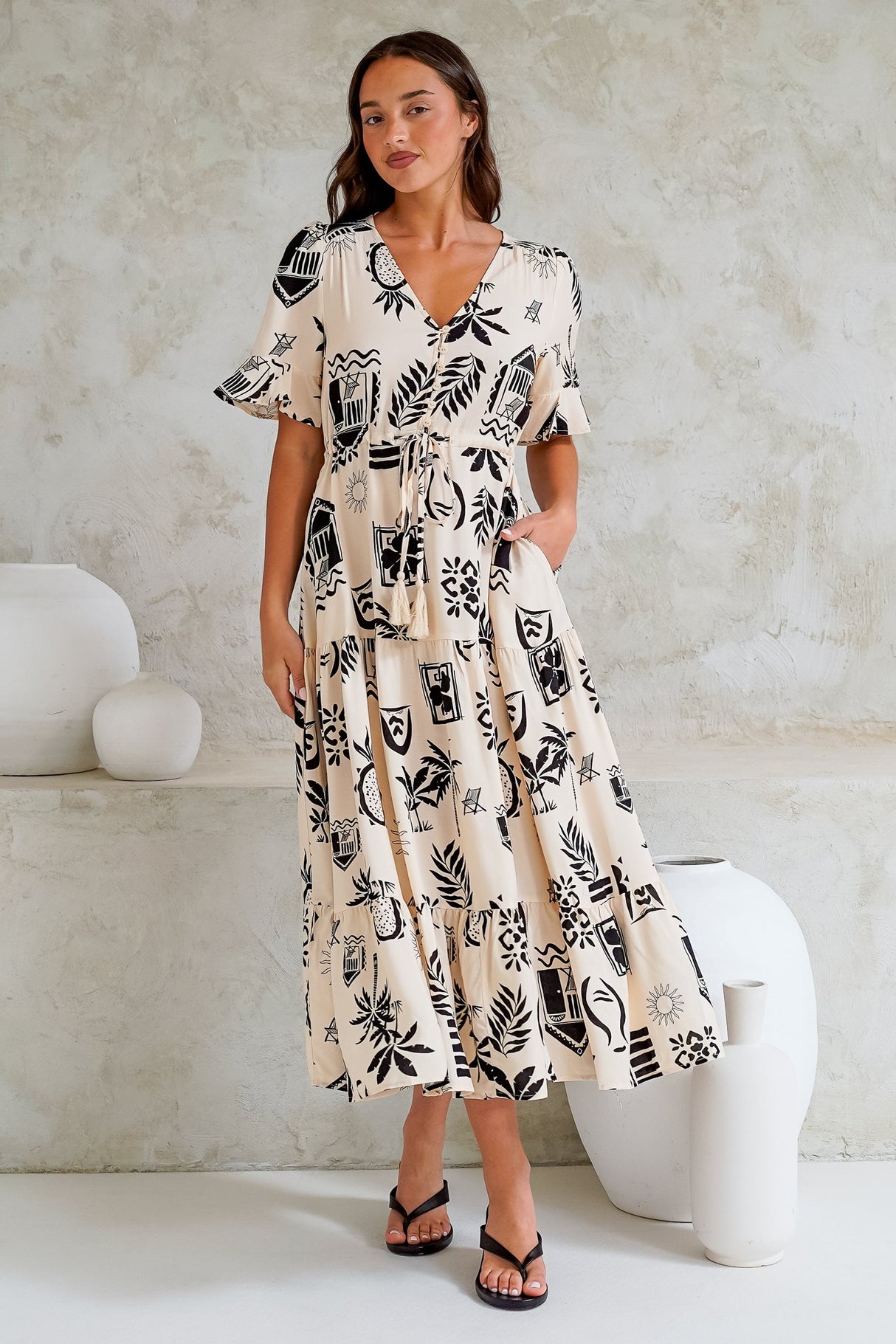 Jackson Midi Dress -- Pull Tie Waist A-Line Dress with Ruffle Trim Sleeves in Beylon Print