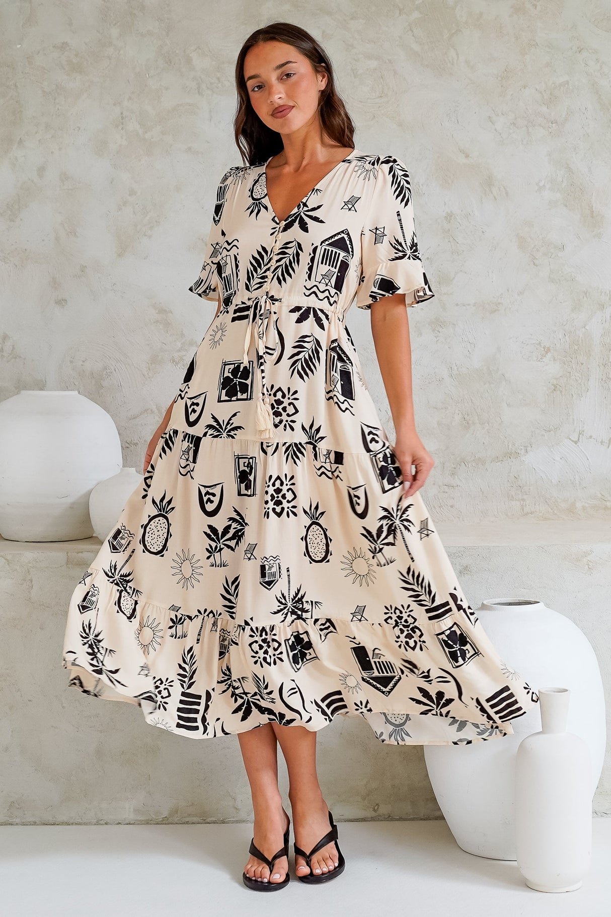 Jackson Midi Dress -- Pull Tie Waist A-Line Dress with Ruffle Trim Sleeves in Beylon Print