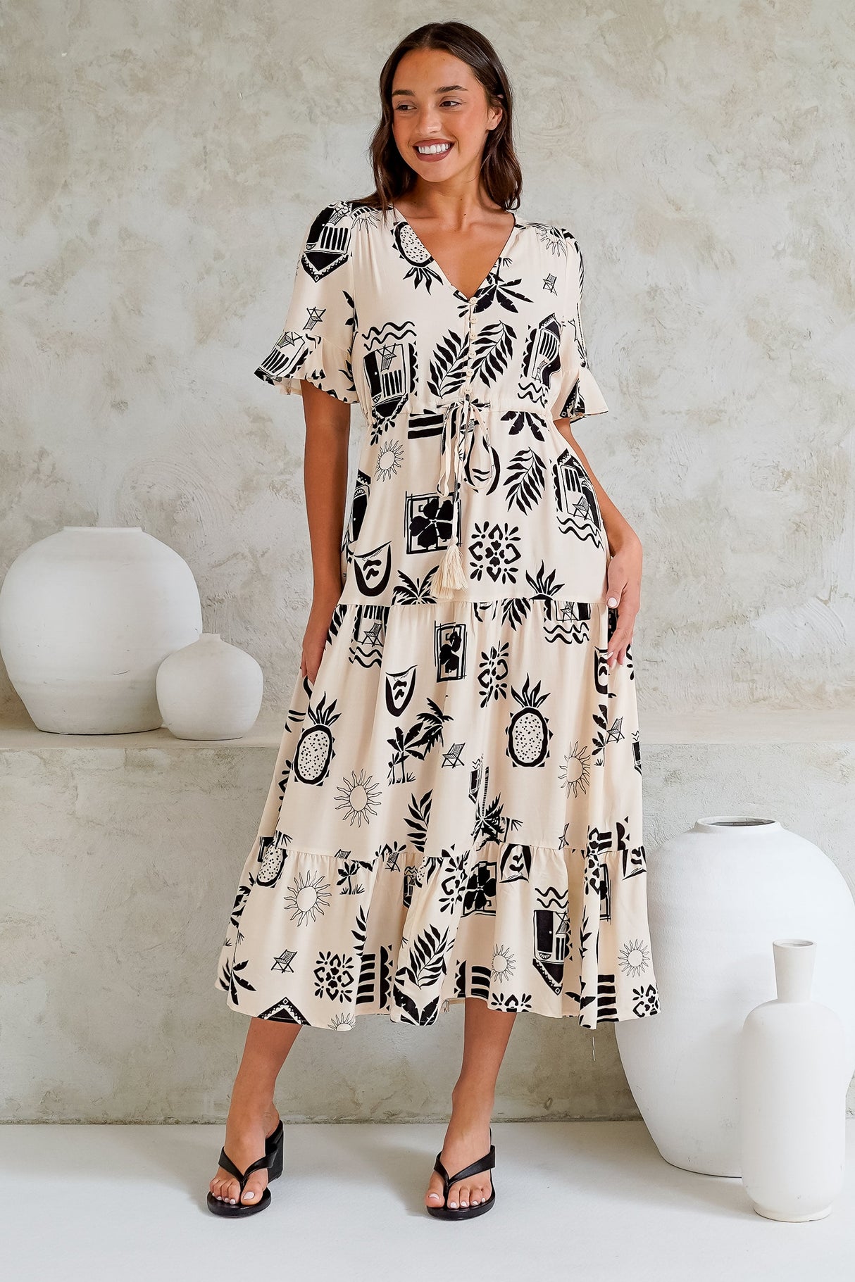 Jackson Midi Dress -- Pull Tie Waist A-Line Dress with Ruffle Trim Sleeves in Beylon Print