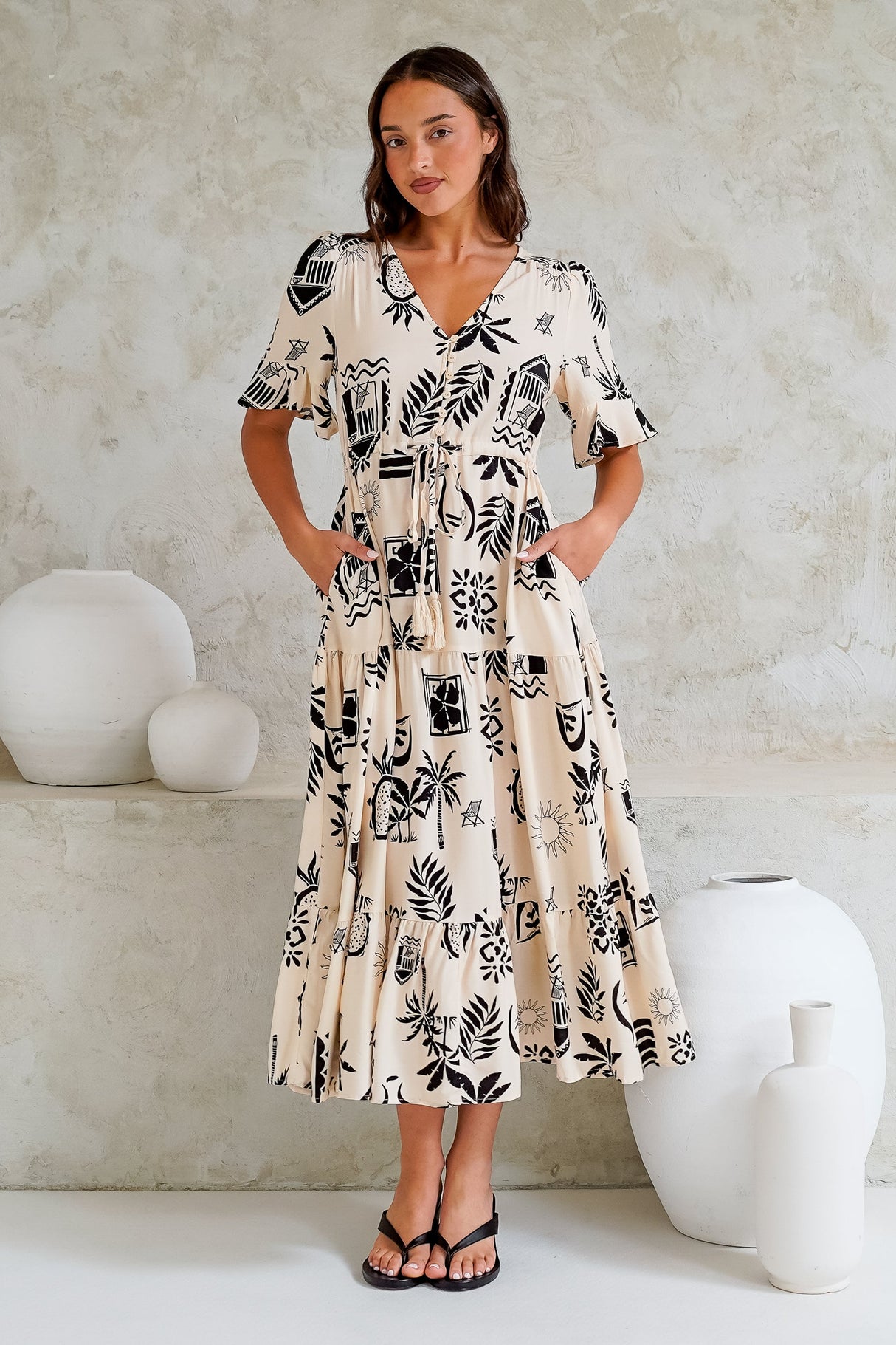 Jackson Midi Dress -- Pull Tie Waist A-Line Dress with Ruffle Trim Sleeves in Beylon Print