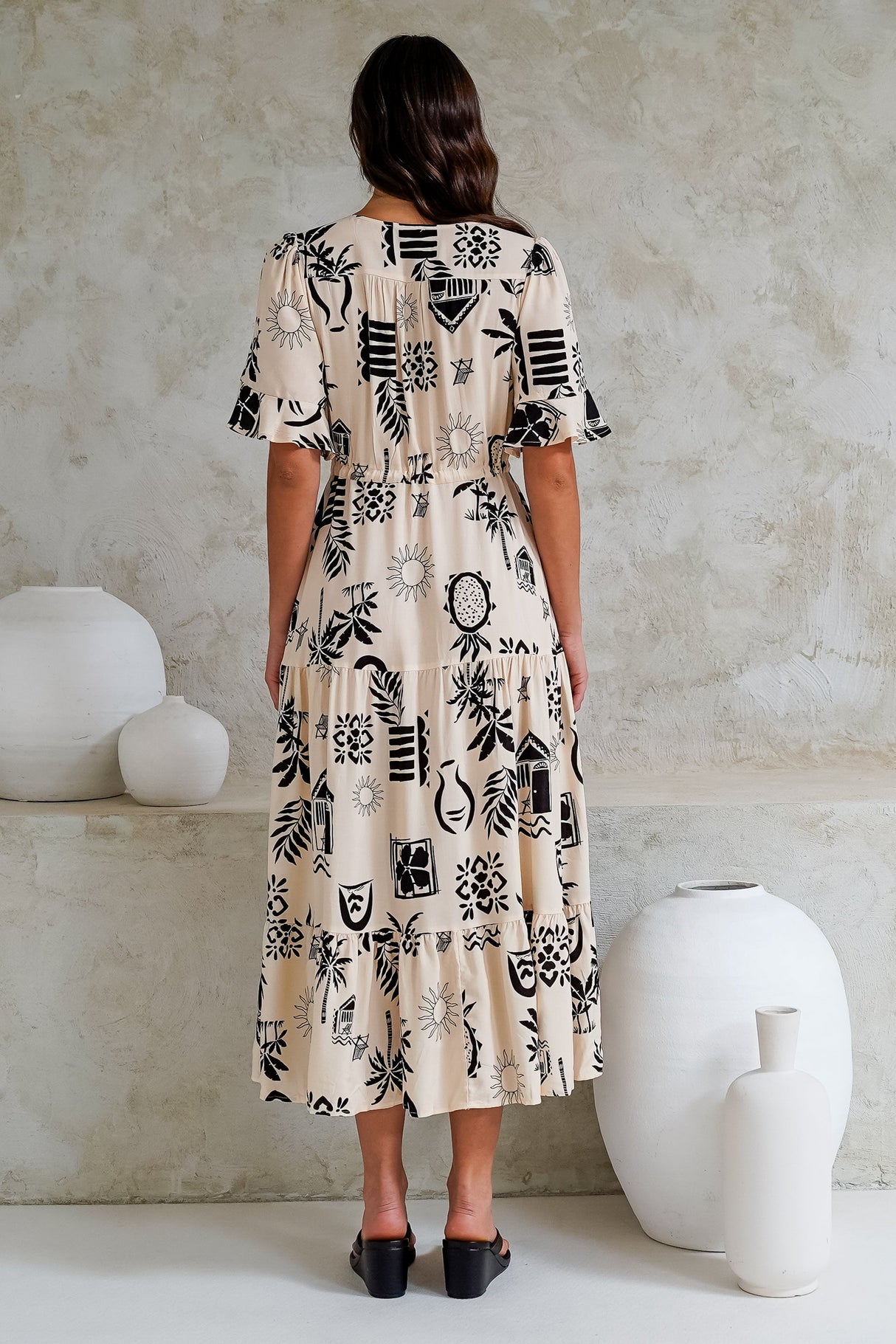 Jackson Midi Dress -- Pull Tie Waist A-Line Dress with Ruffle Trim Sleeves in Beylon Print