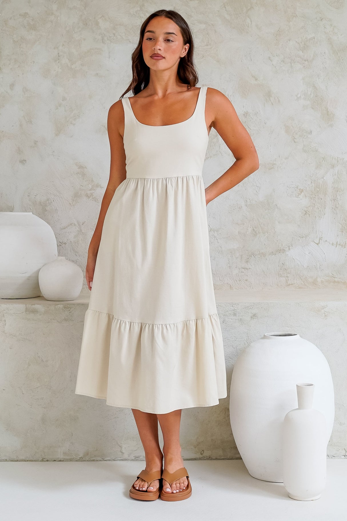 Hera Midi Dress - Scoop Neck Adjustable Strap Tiered Dress with Pockets in Beige
