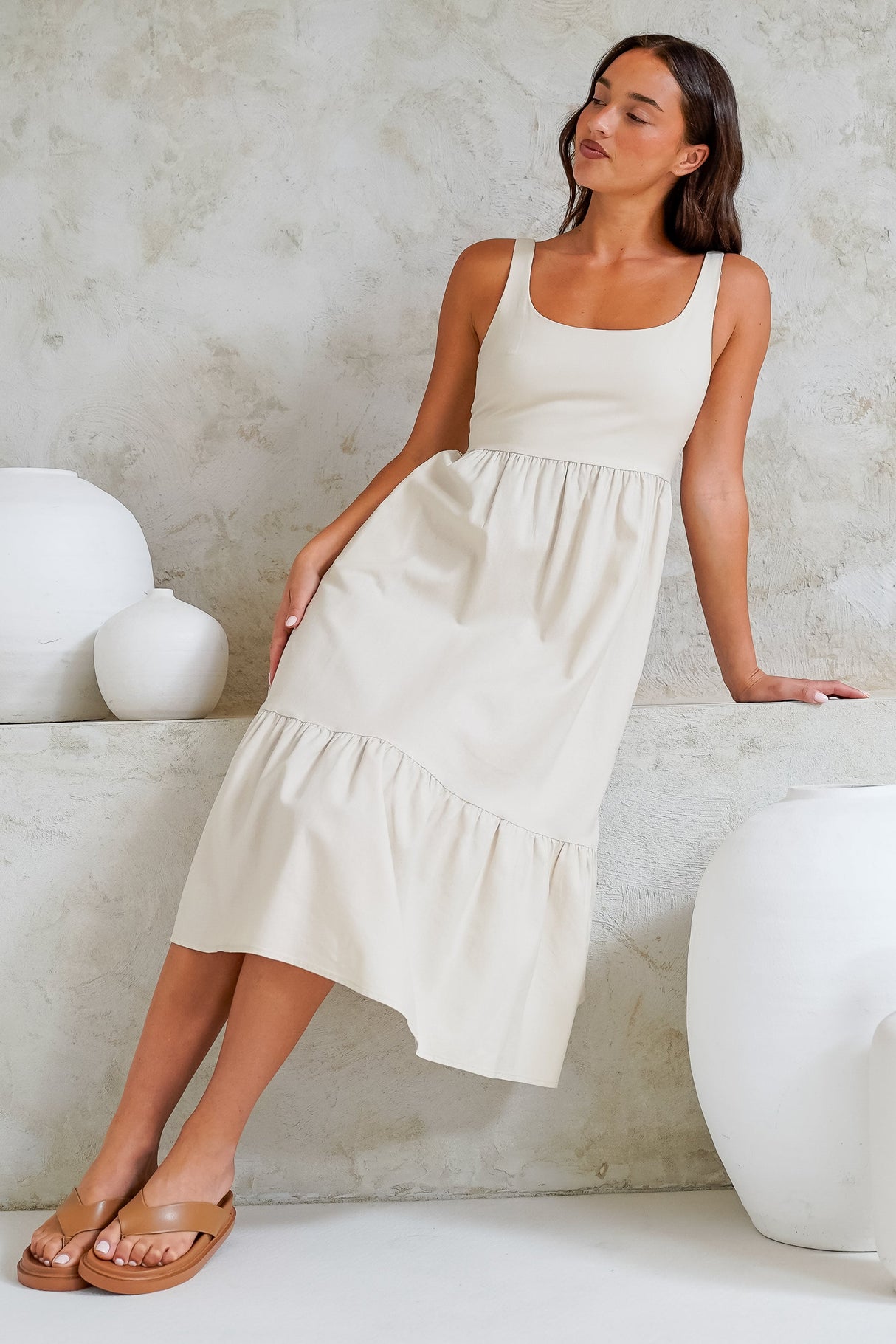 Hera Midi Dress - Scoop Neck Adjustable Strap Tiered Dress with Pockets in Beige