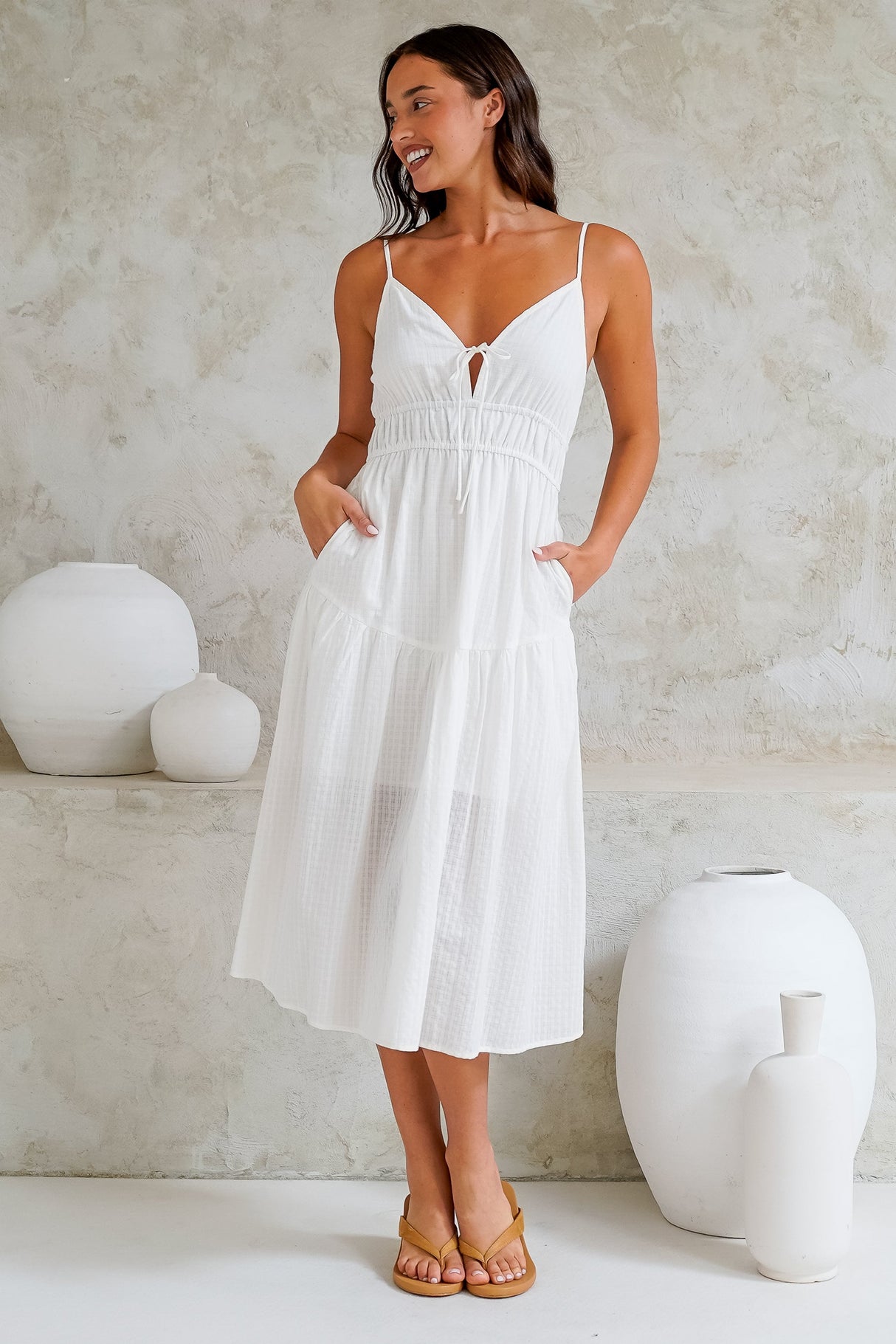 Eisley Midi Dress - Textured A-Line Sun Dress with Tie at Bust in White