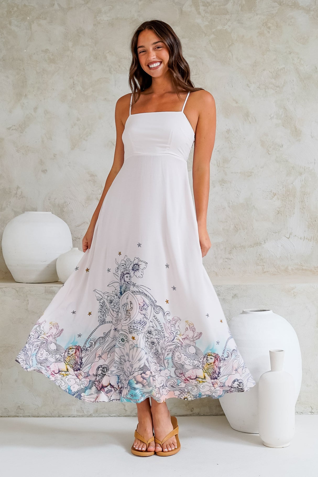 Mattina Maxi Dress: Spaghetti Strap Sun Dress in Horoscope Print