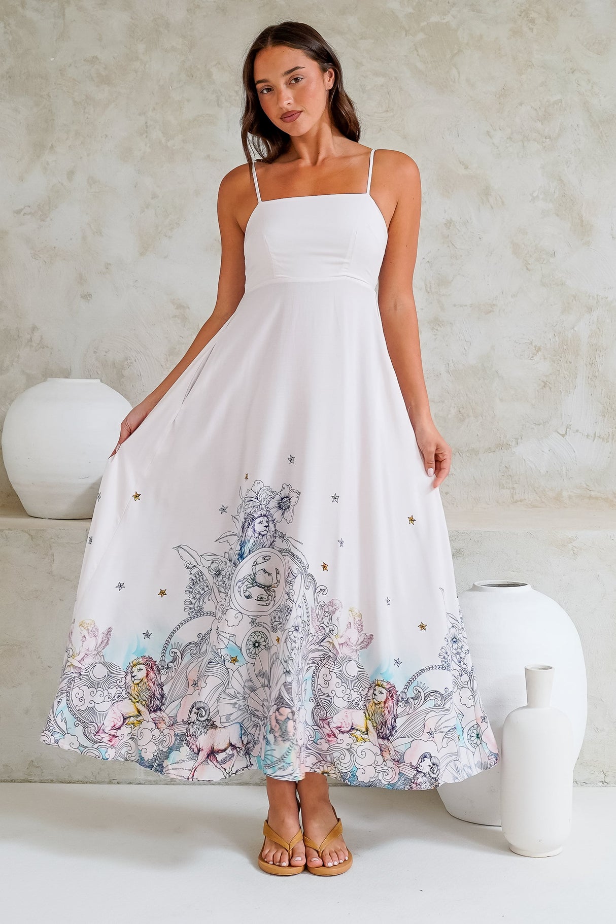 Mattina Maxi Dress: Spaghetti Strap Sun Dress in Horoscope Print