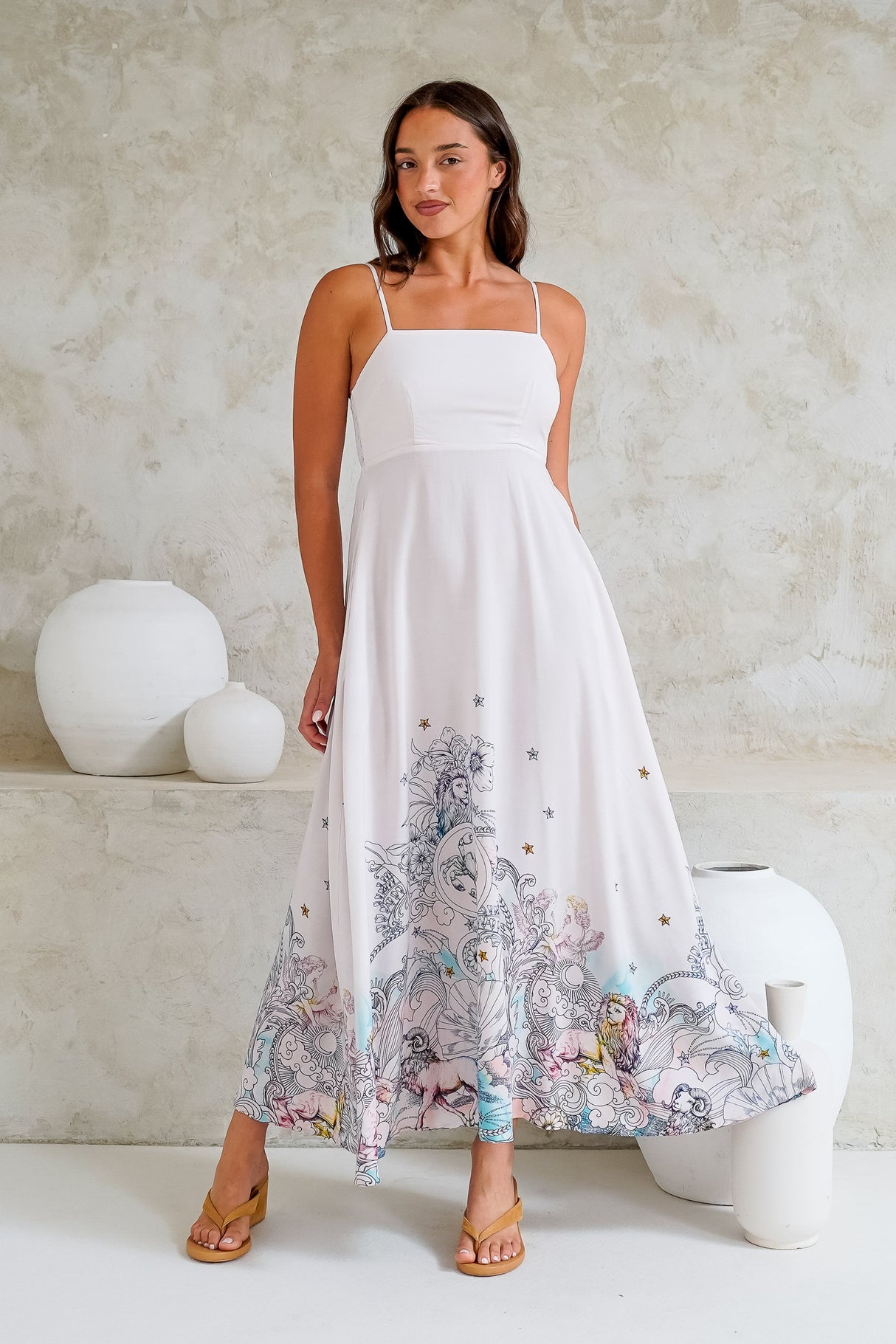 Mattina Maxi Dress: Spaghetti Strap Sun Dress in Horoscope Print