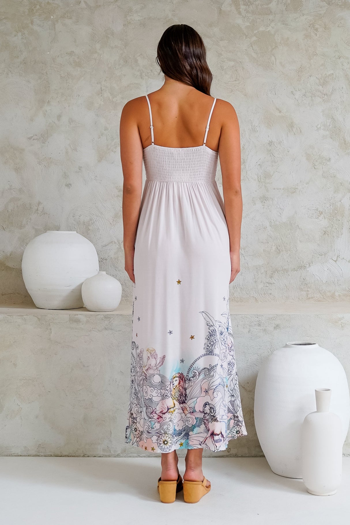 Mattina Maxi Dress: Spaghetti Strap Sun Dress in Horoscope Print