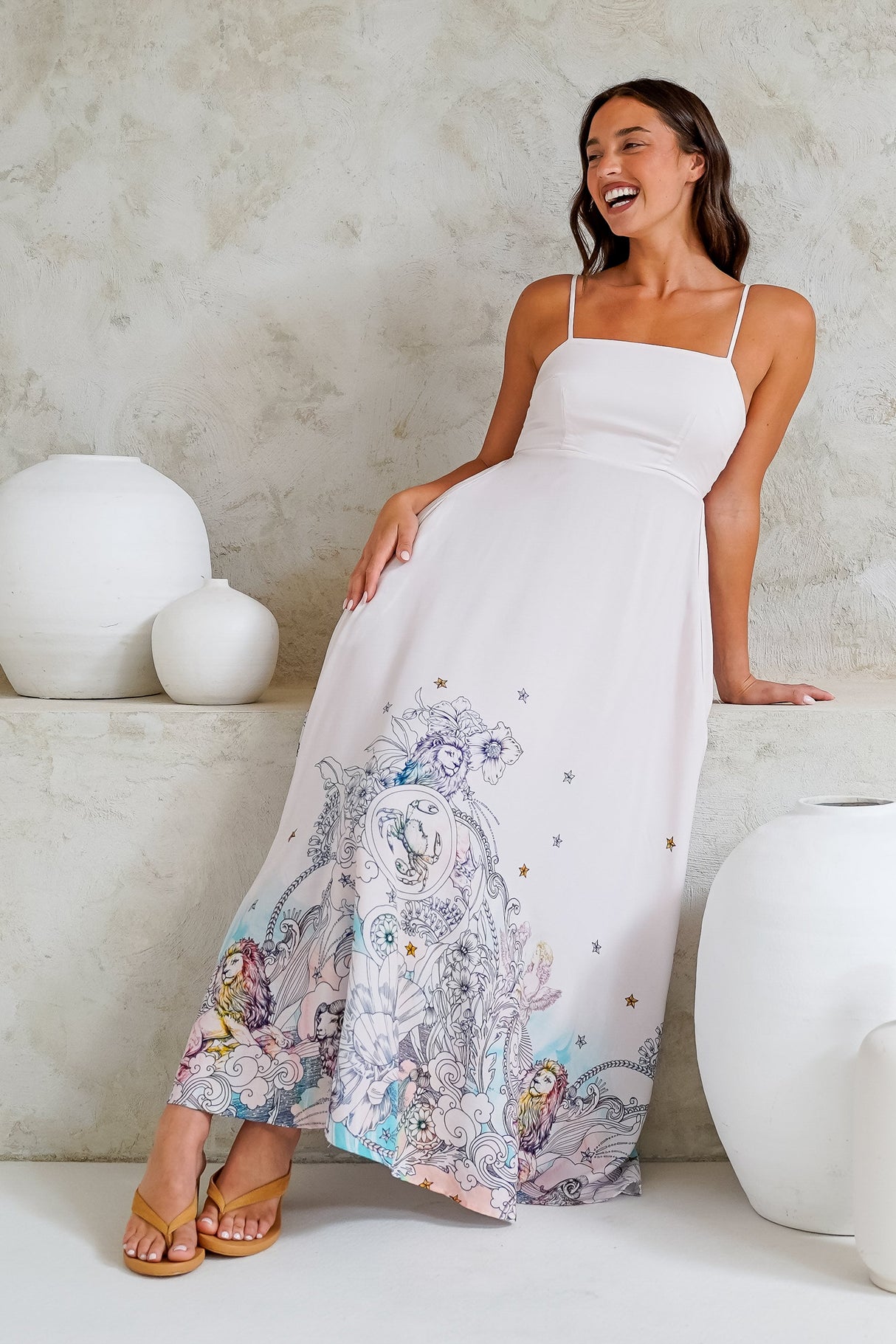 Mattina Maxi Dress: Spaghetti Strap Sun Dress in Horoscope Print