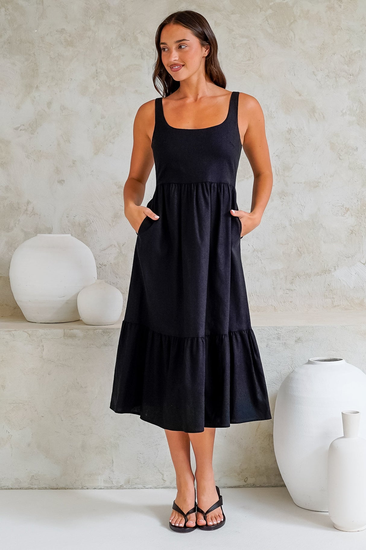 Hera Midi Dress - Scoop Neck Adjustable Strap Tiered Dress with Pockets in Black