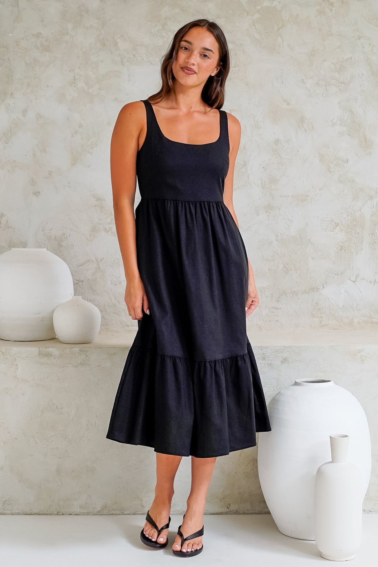 Hera Midi Dress - Scoop Neck Adjustable Strap Tiered Dress with Pockets in Black