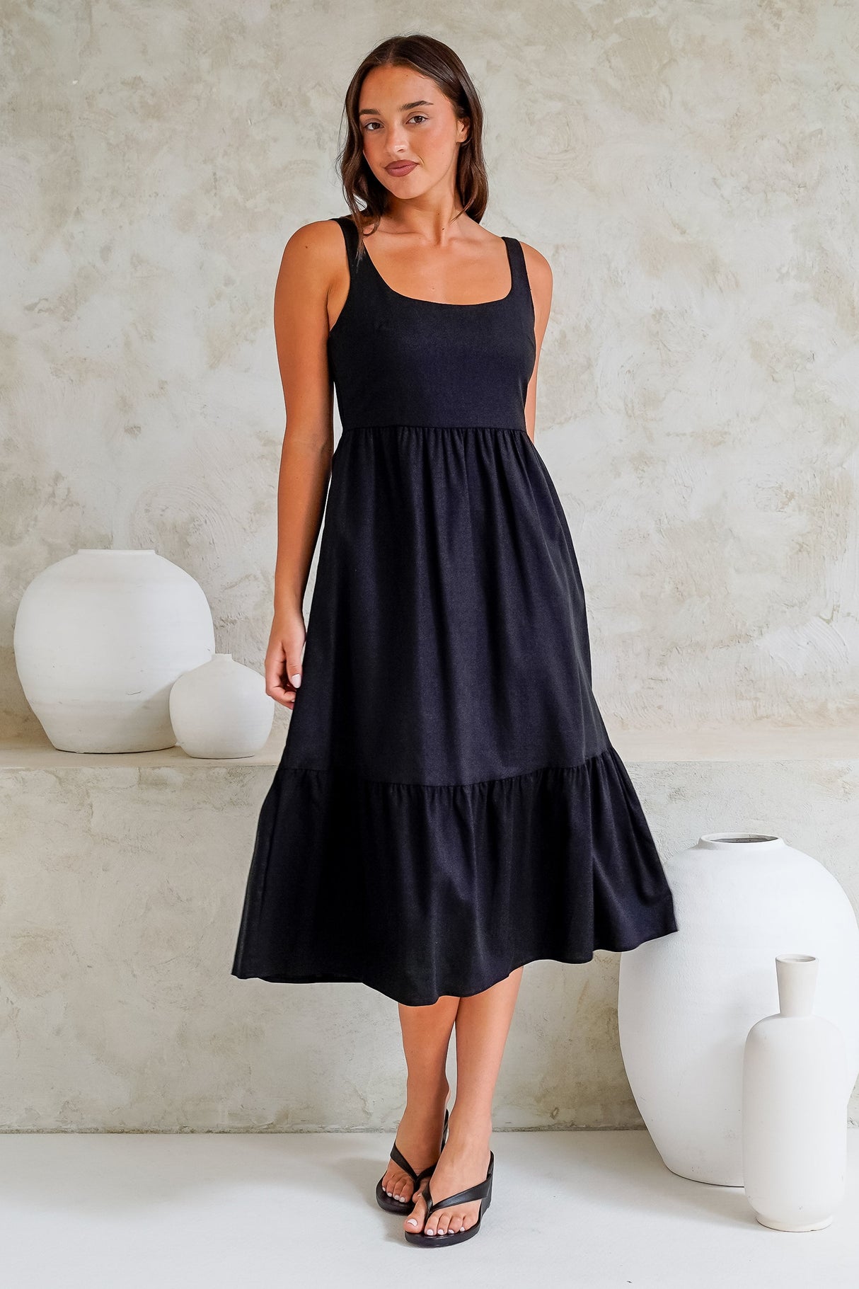 Hera Midi Dress - Scoop Neck Adjustable Strap Tiered Dress with Pockets in Black