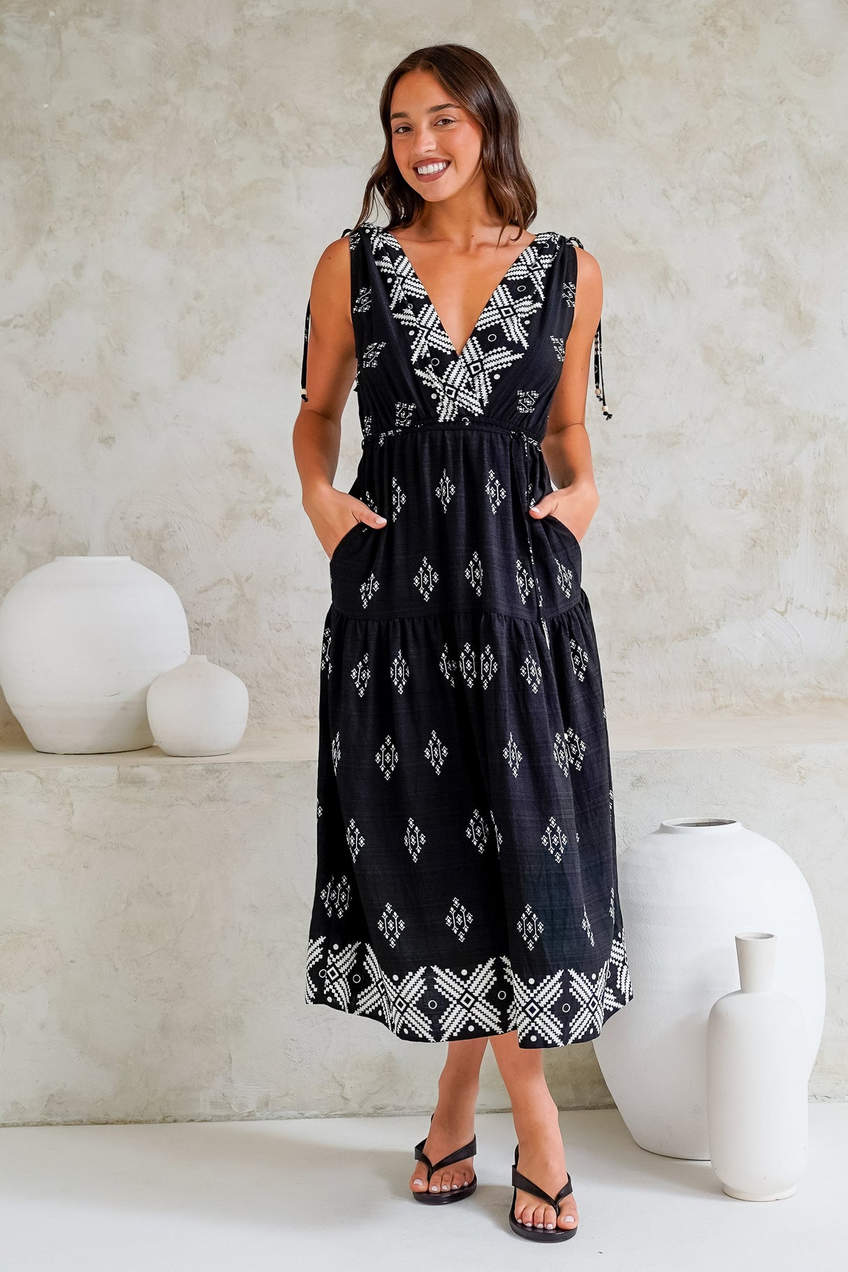 Laurina Midi Dress - Deep V-Neck A-Line Dress with Waist Tie in Fresca Print Black