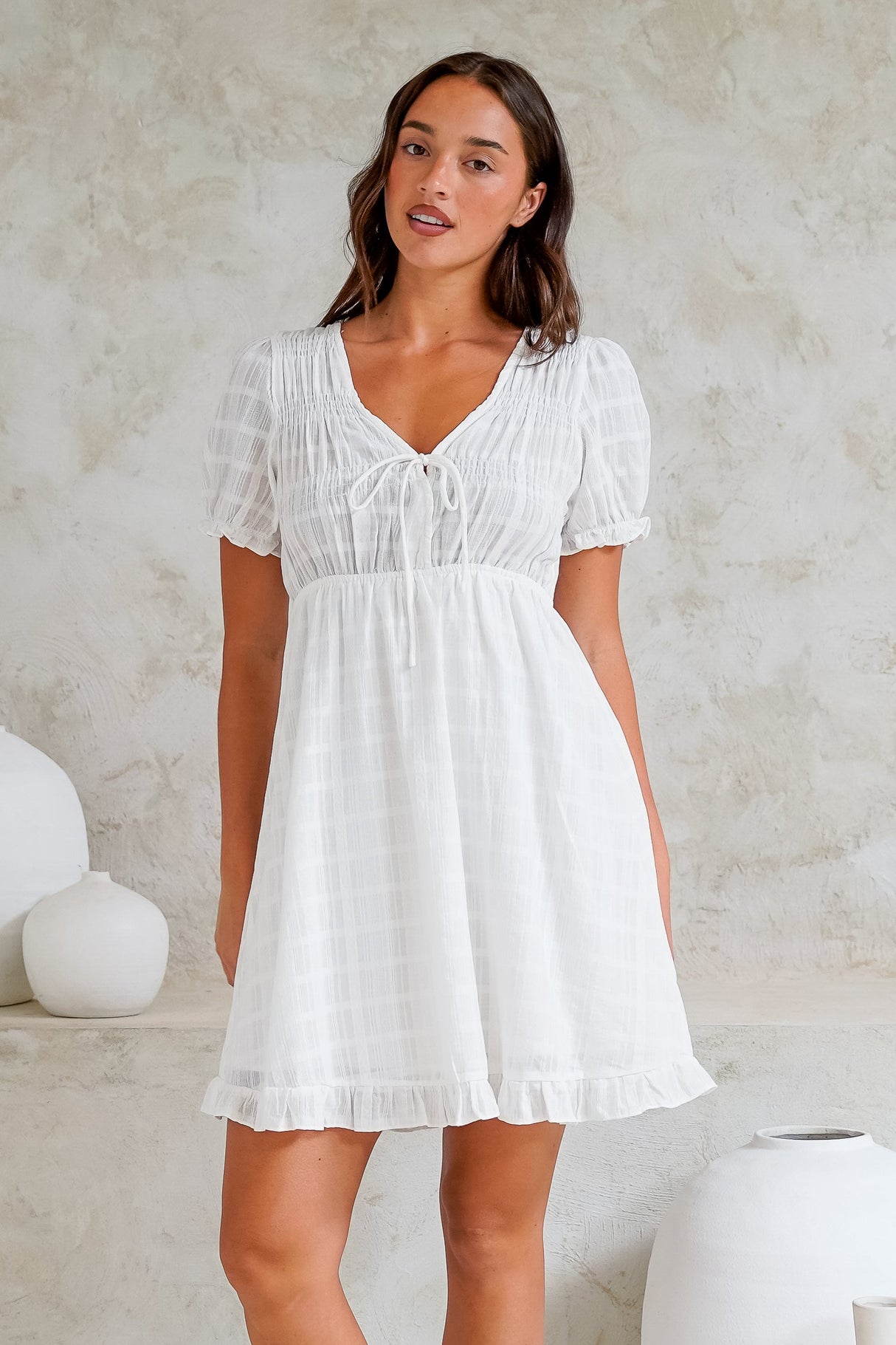 Rituelle Mini Dress - Babydoll Mini Dress in White