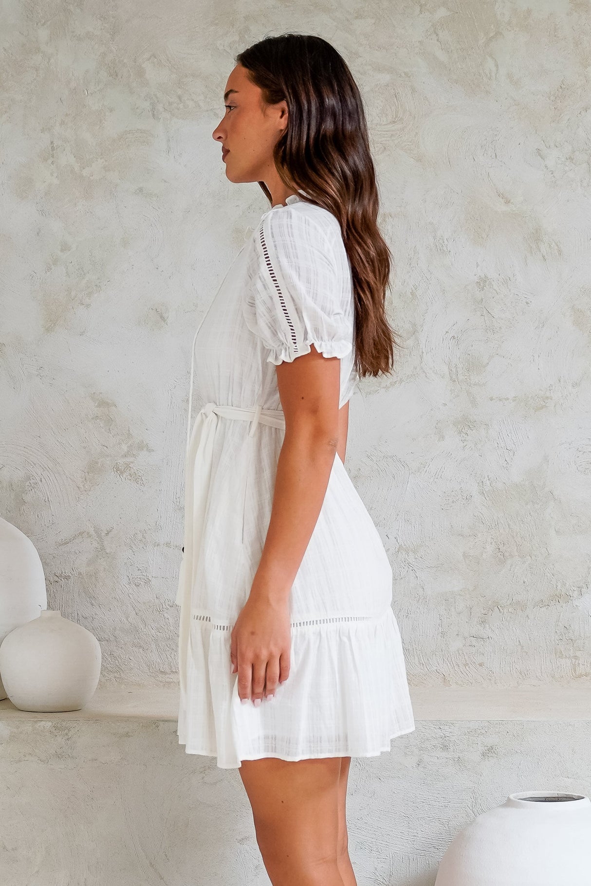 Adriana Mini Dress - Frill Collar Ladder Lace Detailed Dress with Waist Tie in White