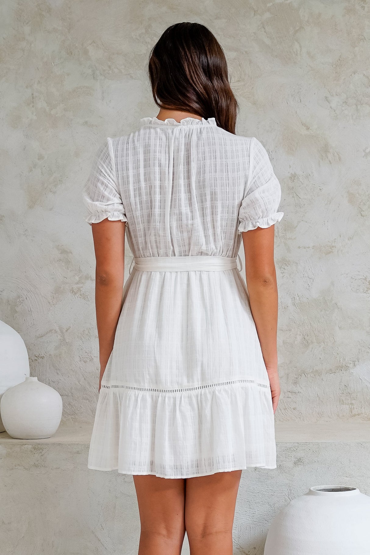 Adriana Mini Dress - Frill Collar Ladder Lace Detailed Dress with Waist Tie in White
