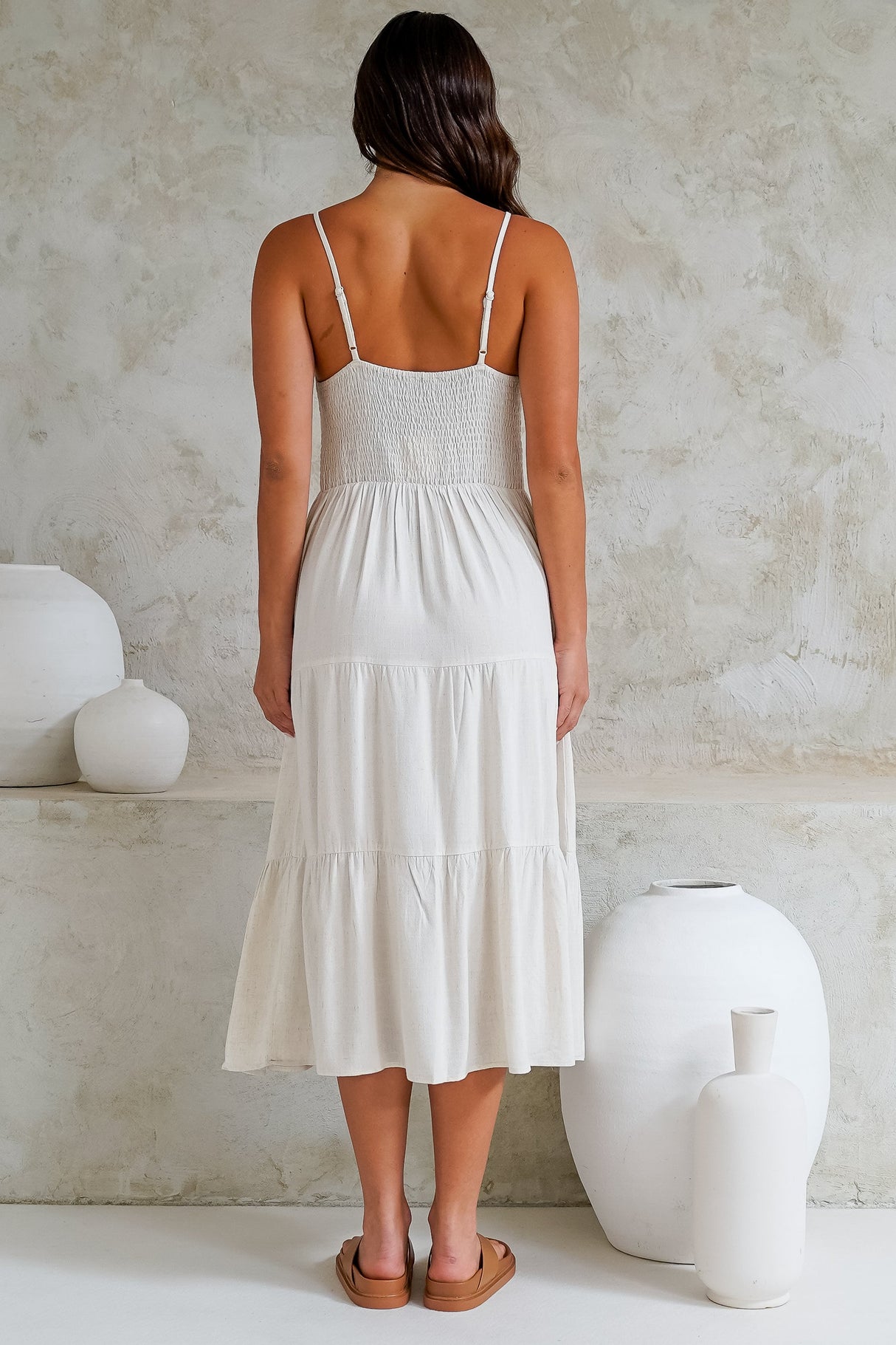 Arlowe Midi Dress - Soft V Neckline Tiered Linen Sun Dress in Oat