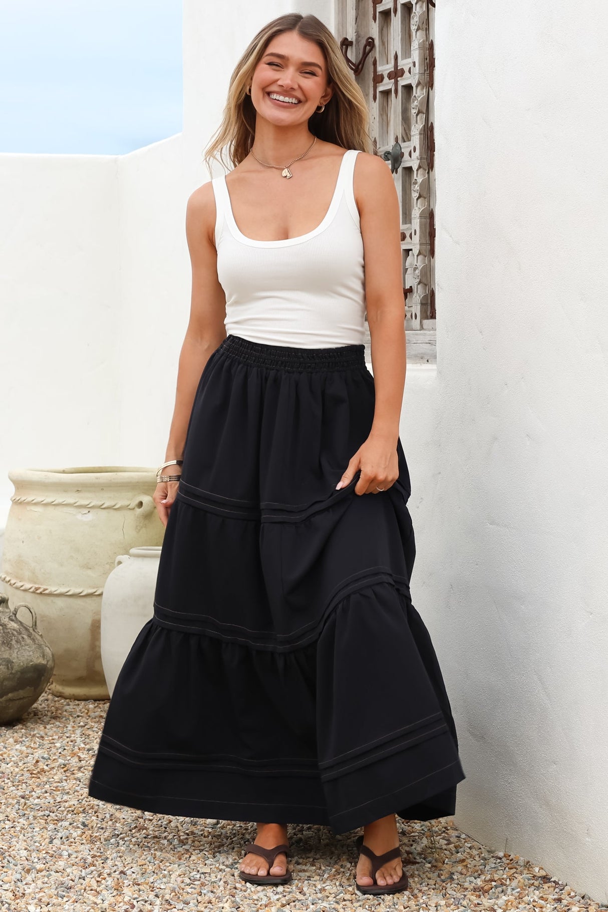 Rennie Maxi Skirt - Tiered Pleated Spliced Skirt with Contrast Stitch in Navy