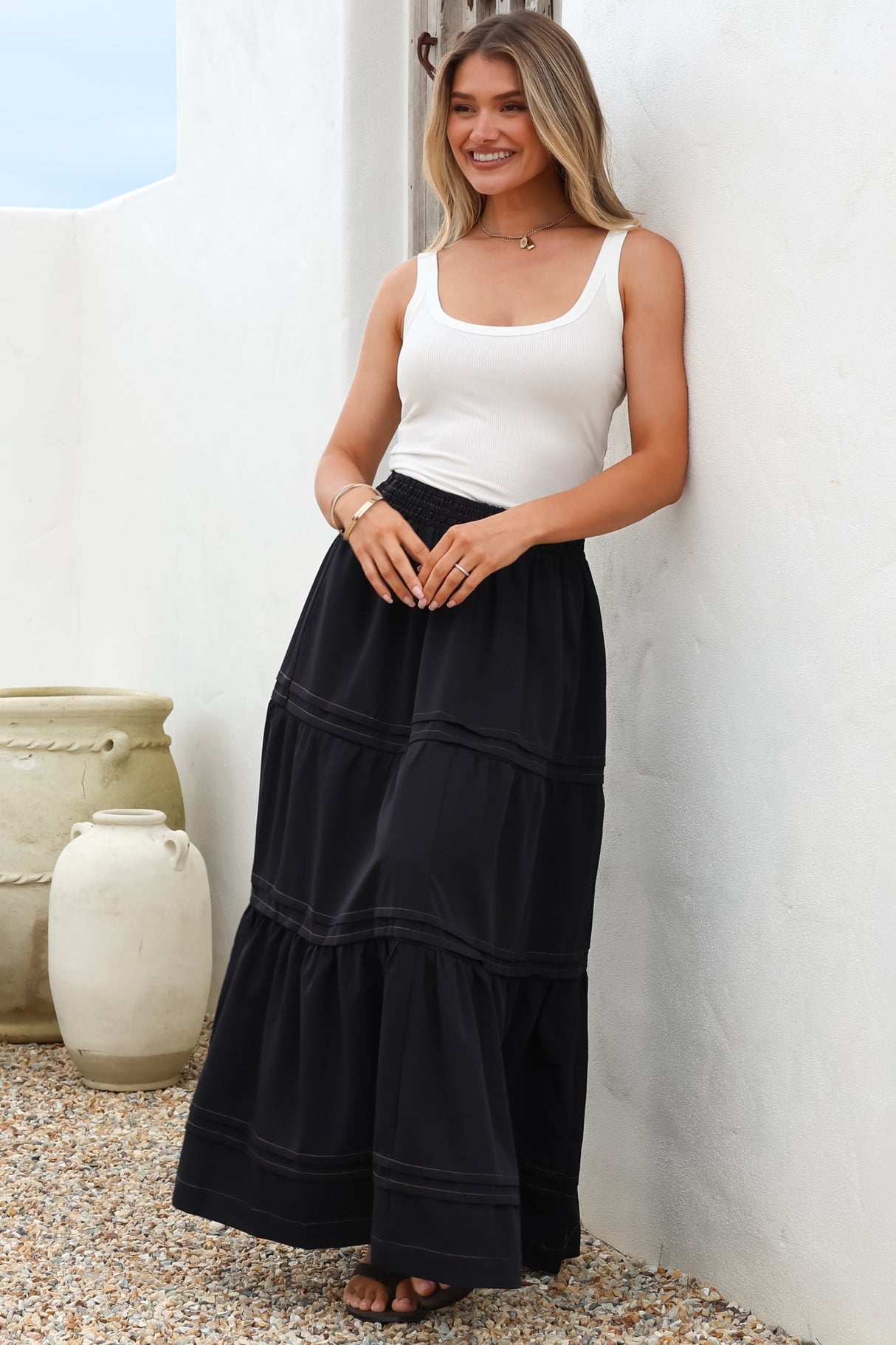 Rennie Maxi Skirt - Tiered Pleated Spliced Skirt with Contrast Stitch in Navy