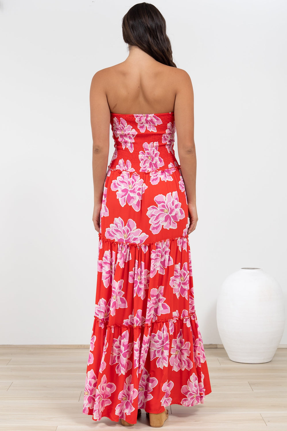 Rhea Maxi Dress - Strapless Ruffle Spliced Tiered Dress in Alba Print Red