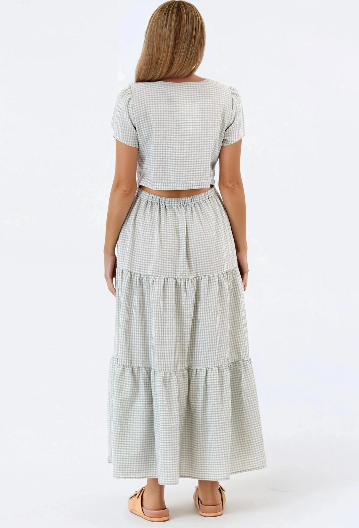 Riba Midi Dress - Button Down Tiered Dress with Cut Out Back in Gingham Print Green