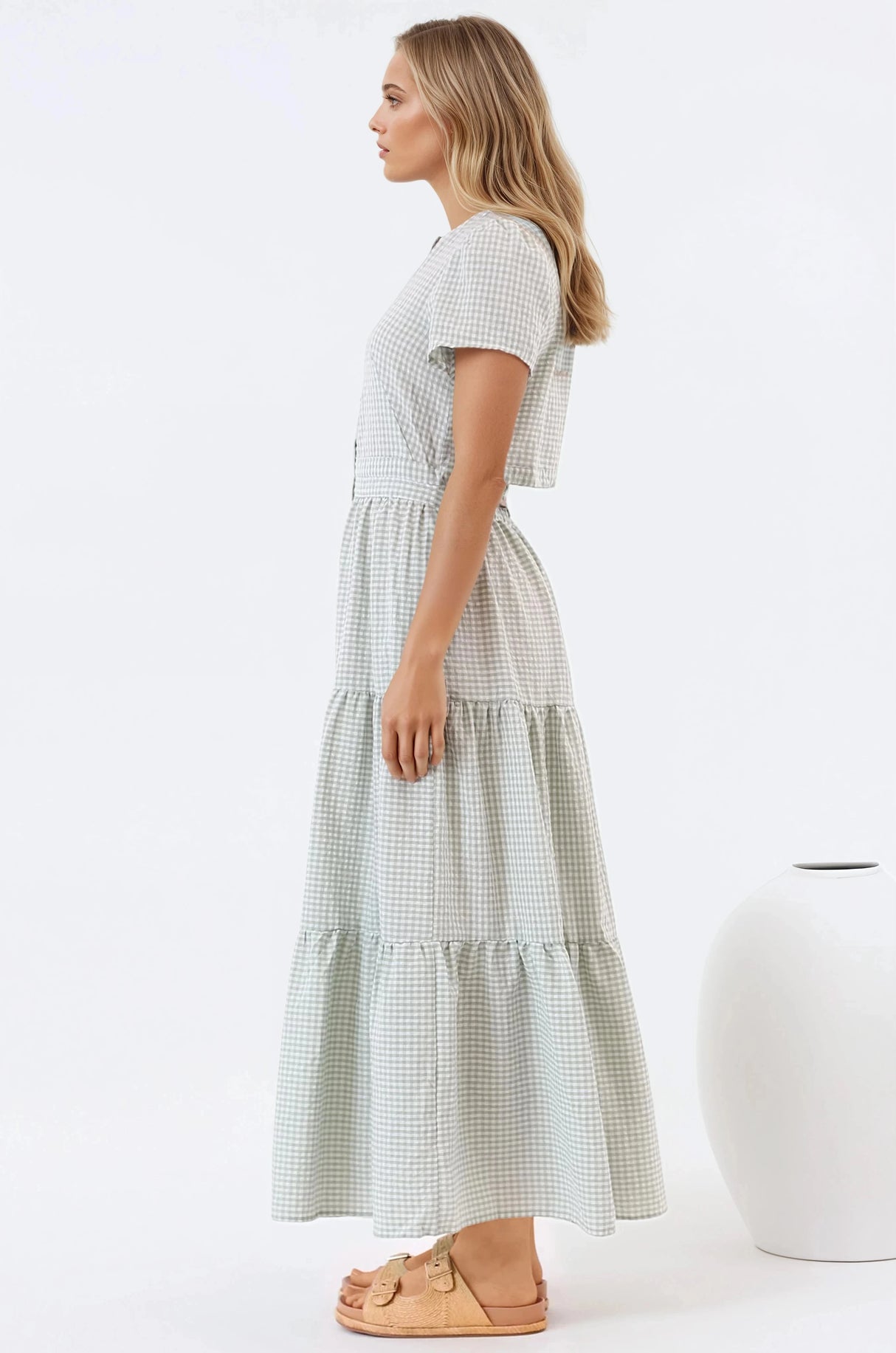 Riba Midi Dress - Button Down Tiered Dress with Cut Out Back in Gingham Print Green