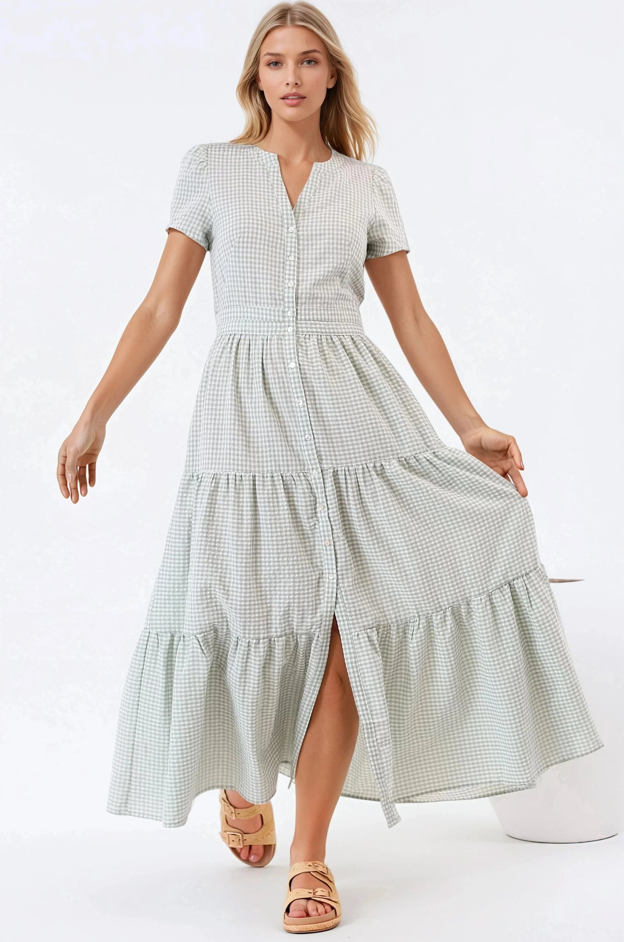 Riba Midi Dress - Button Down Tiered Dress with Cut Out Back in Gingham Print Green