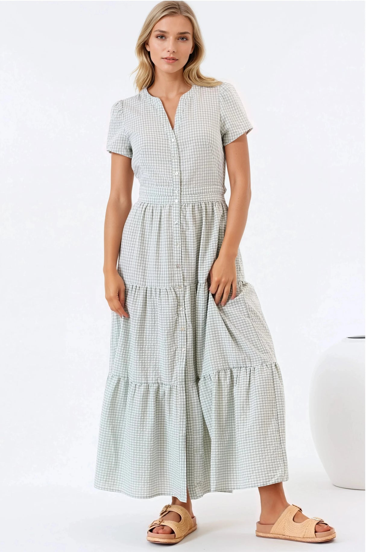 Riba Midi Dress - Button Down Tiered Dress with Cut Out Back in Gingham Print Green
