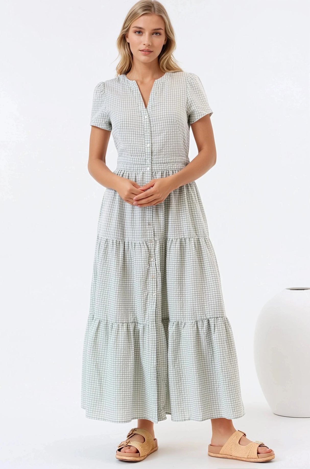 Riba Midi Dress - Button Down Tiered Dress with Cut Out Back in Gingham Print Green