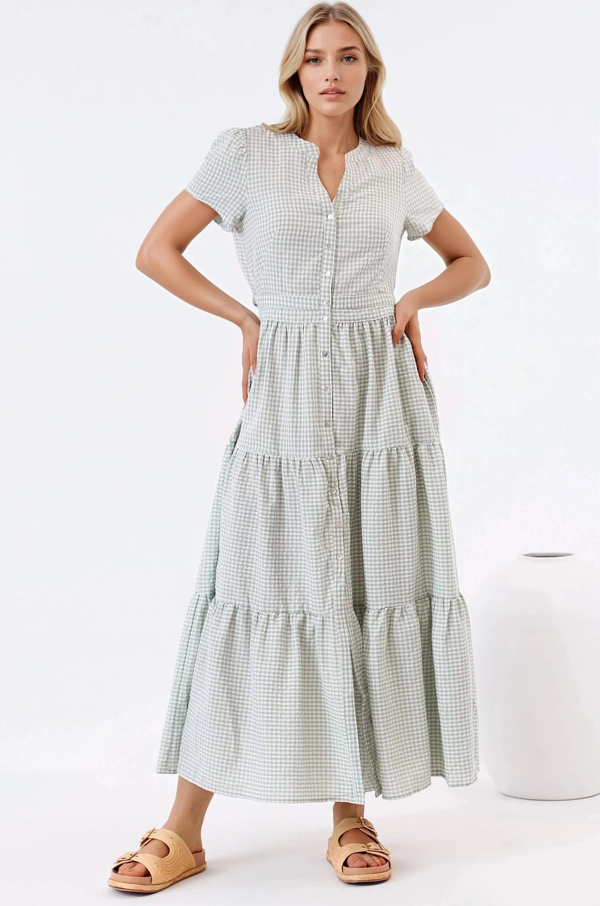Riba Midi Dress - Button Down Tiered Dress with Cut Out Back in Gingham Print Green