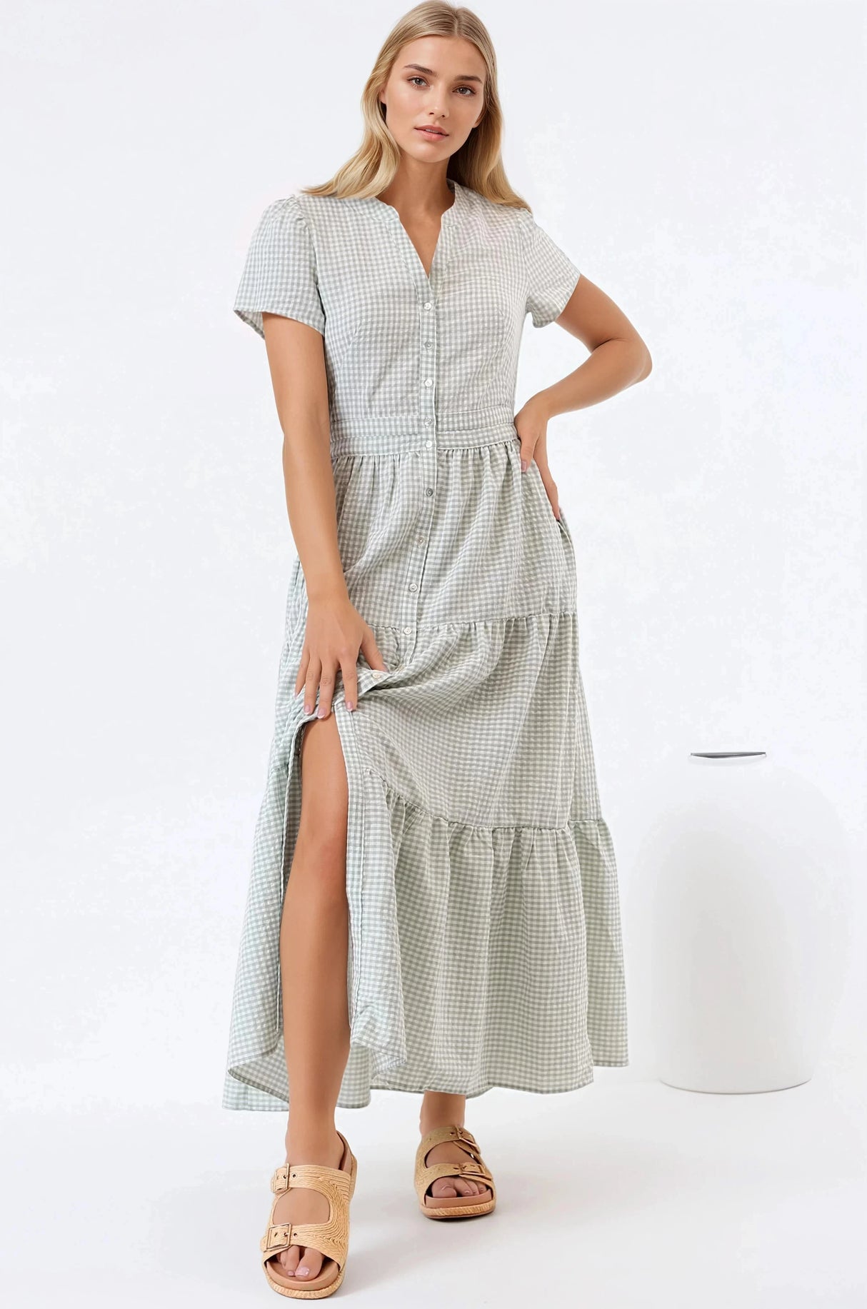Riba Midi Dress - Button Down Tiered Dress with Cut Out Back in Gingham Print Green