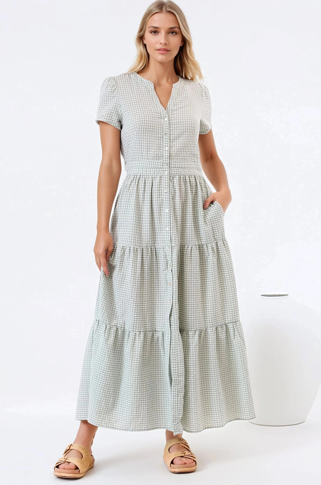 Riba Midi Dress - Button Down Tiered Dress with Cut Out Back in Gingham Print Green