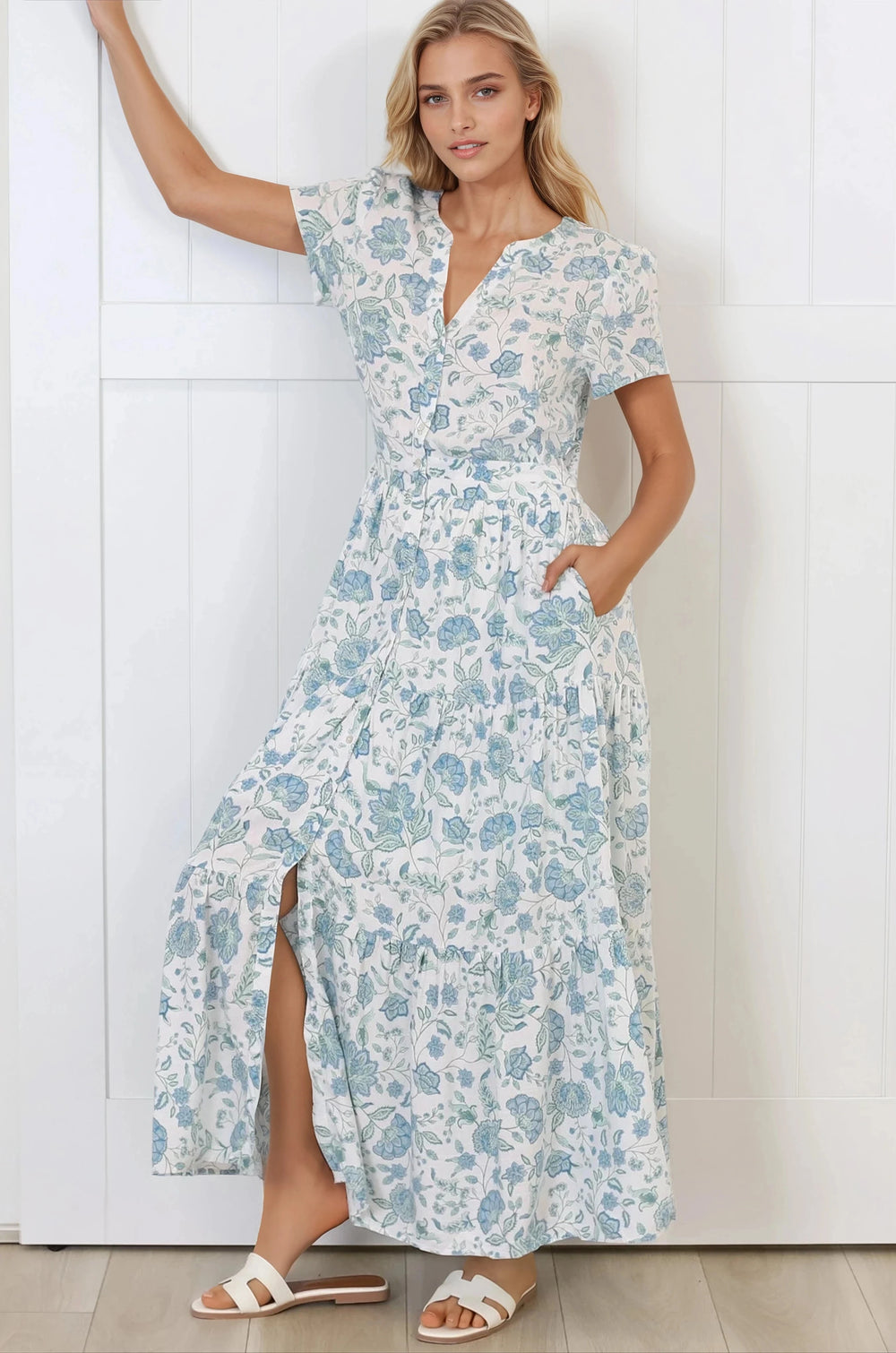 Riba Midi Dress - Button Down Tiered Dress with Cut Out Back in Makenna Print