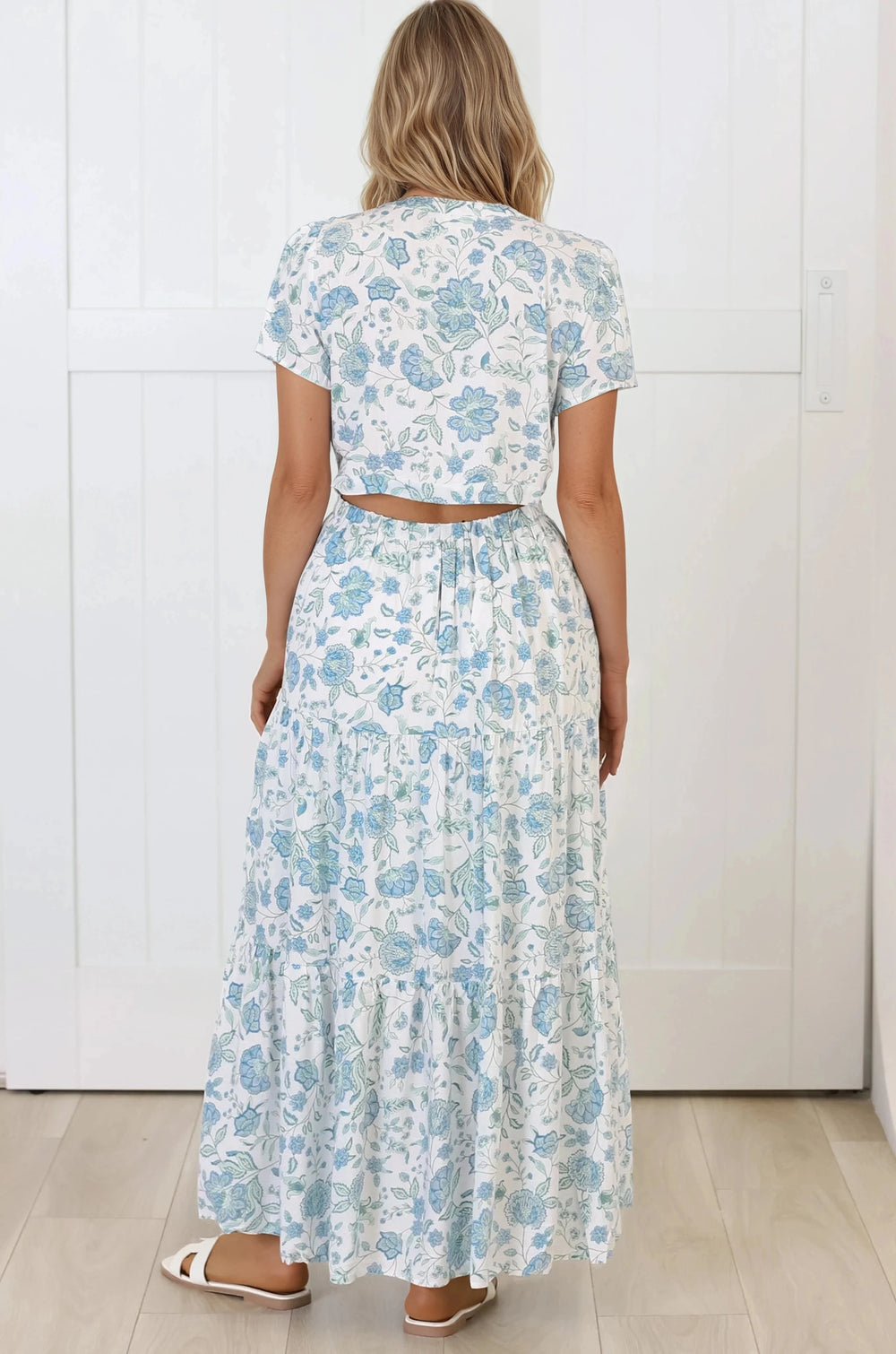 Riba Midi Dress - Button Down Tiered Dress with Cut Out Back in Makenna Print