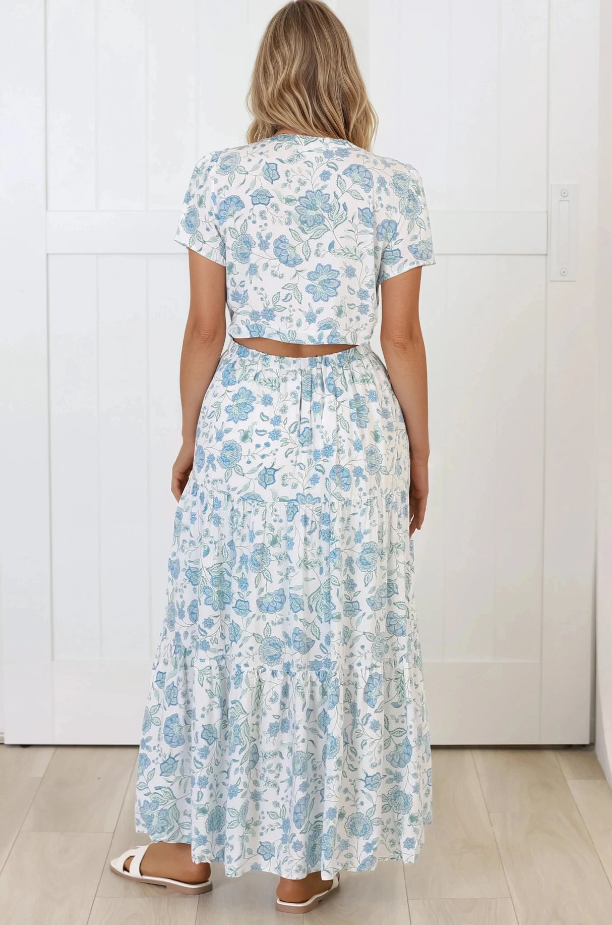 Riba Midi Dress - Button Down Tiered Dress with Cut Out Back in Makenna Print