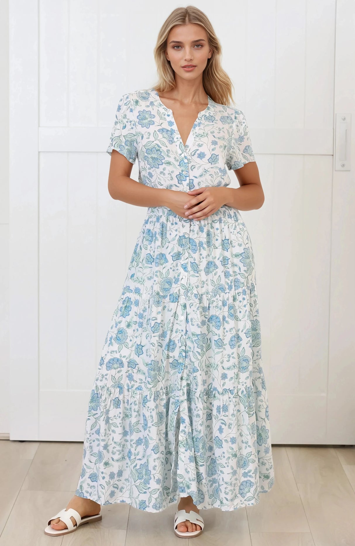 Riba Midi Dress - Button Down Tiered Dress with Cut Out Back in Makenna Print