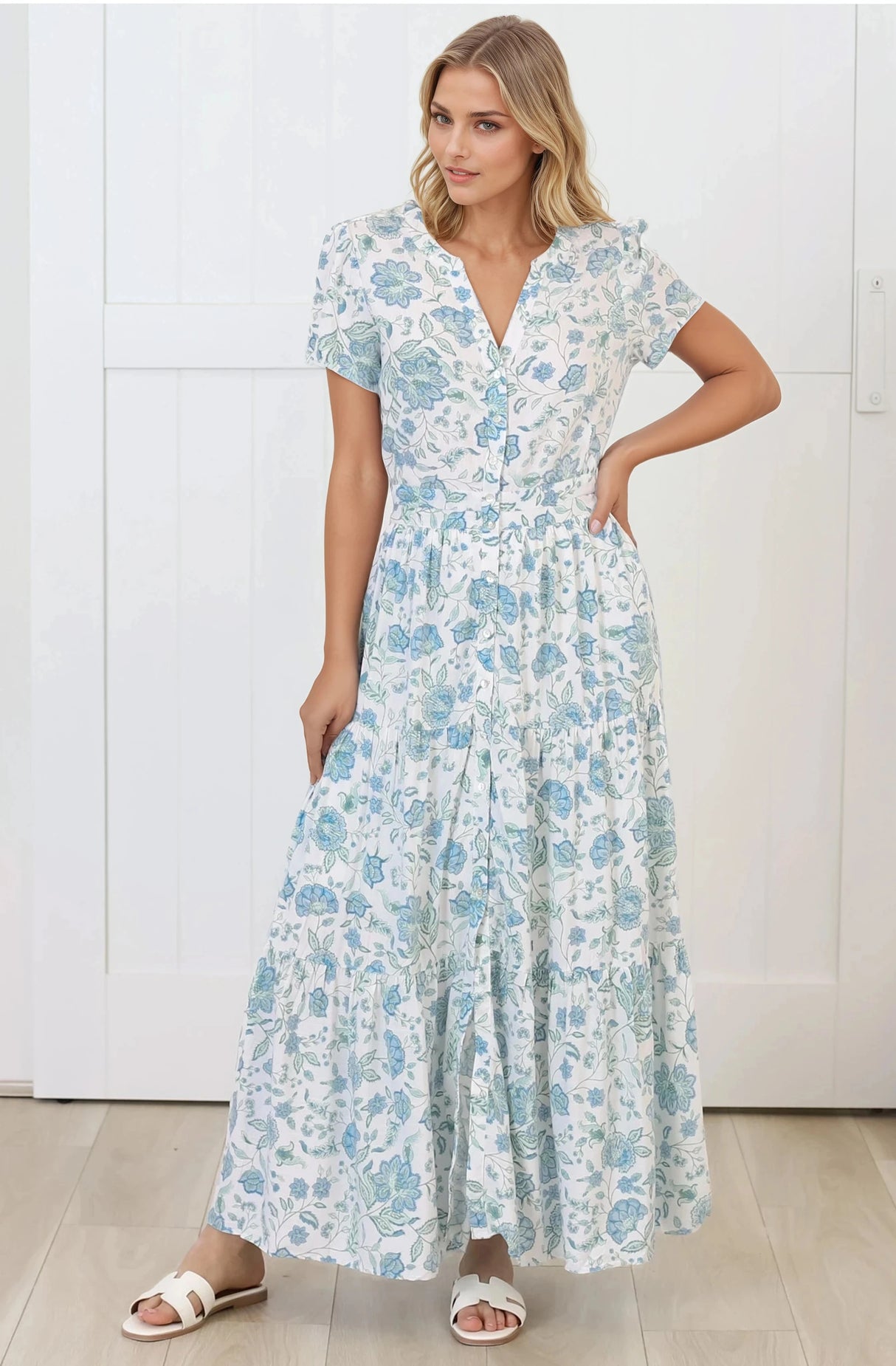 Riba Midi Dress - Button Down Tiered Dress with Cut Out Back in Makenna Print