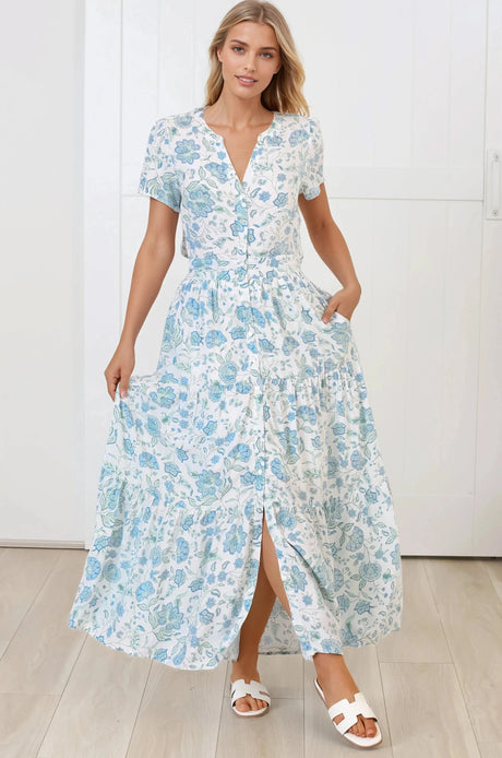 Riba Midi Dress - Button Down Tiered Dress with Cut Out Back in Makenna Print