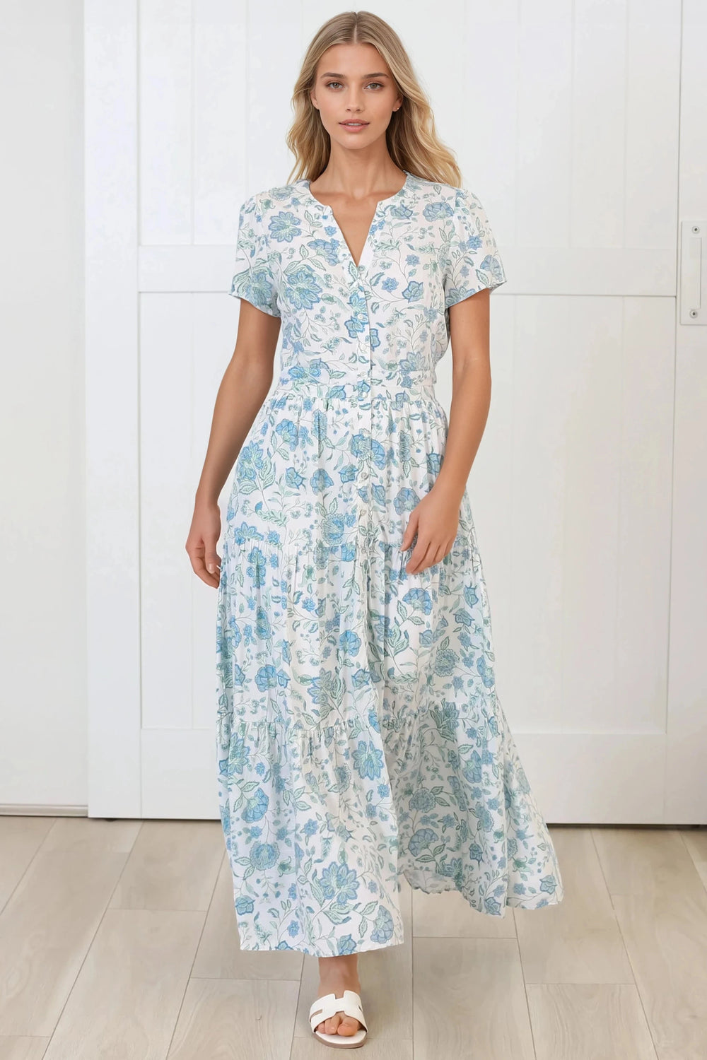 Riba Midi Dress - Button Down Tiered Dress with Cut Out Back in Makenna Print