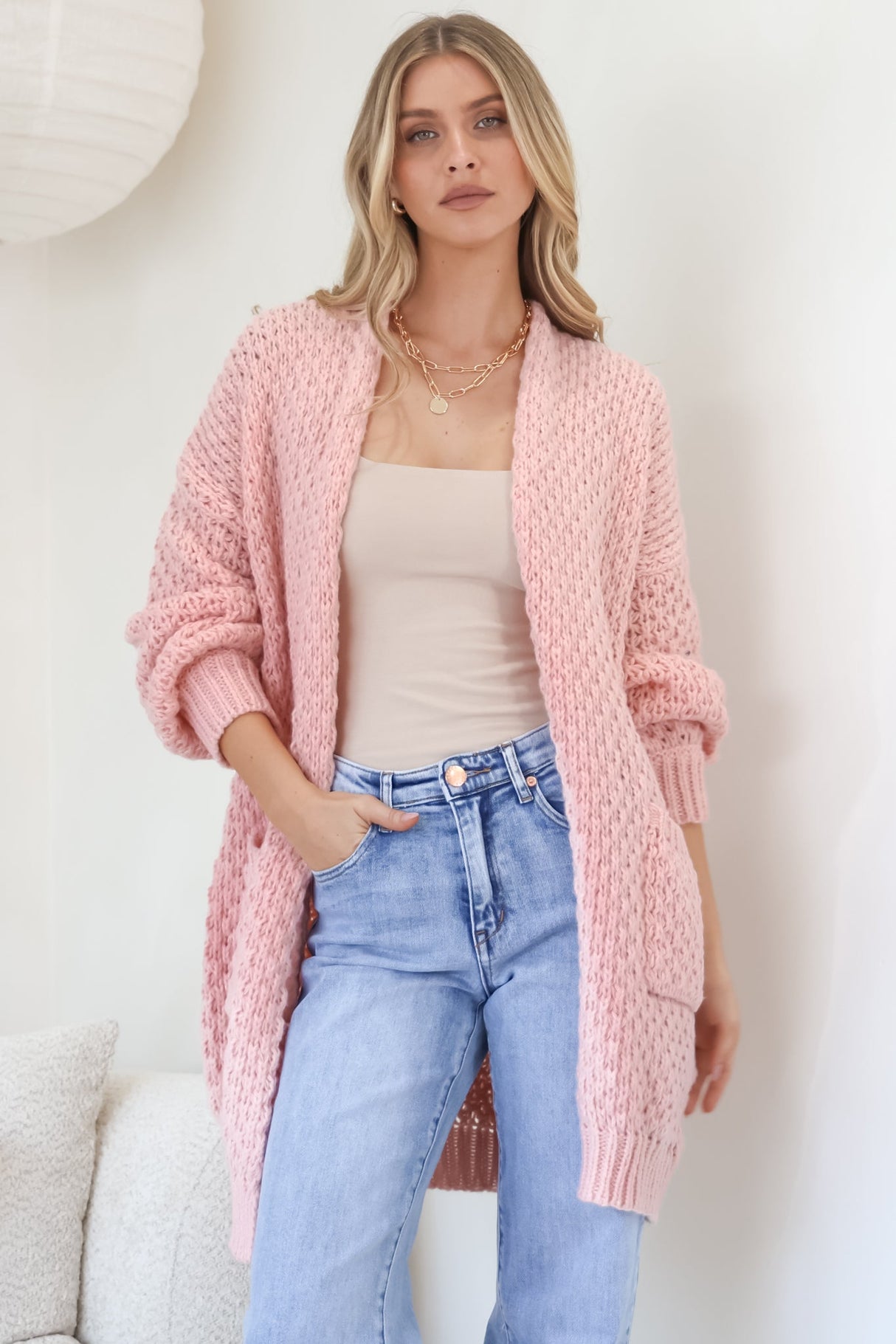 Ricki Cardigan - Open Front Chunky Knit Cardigan in Blush