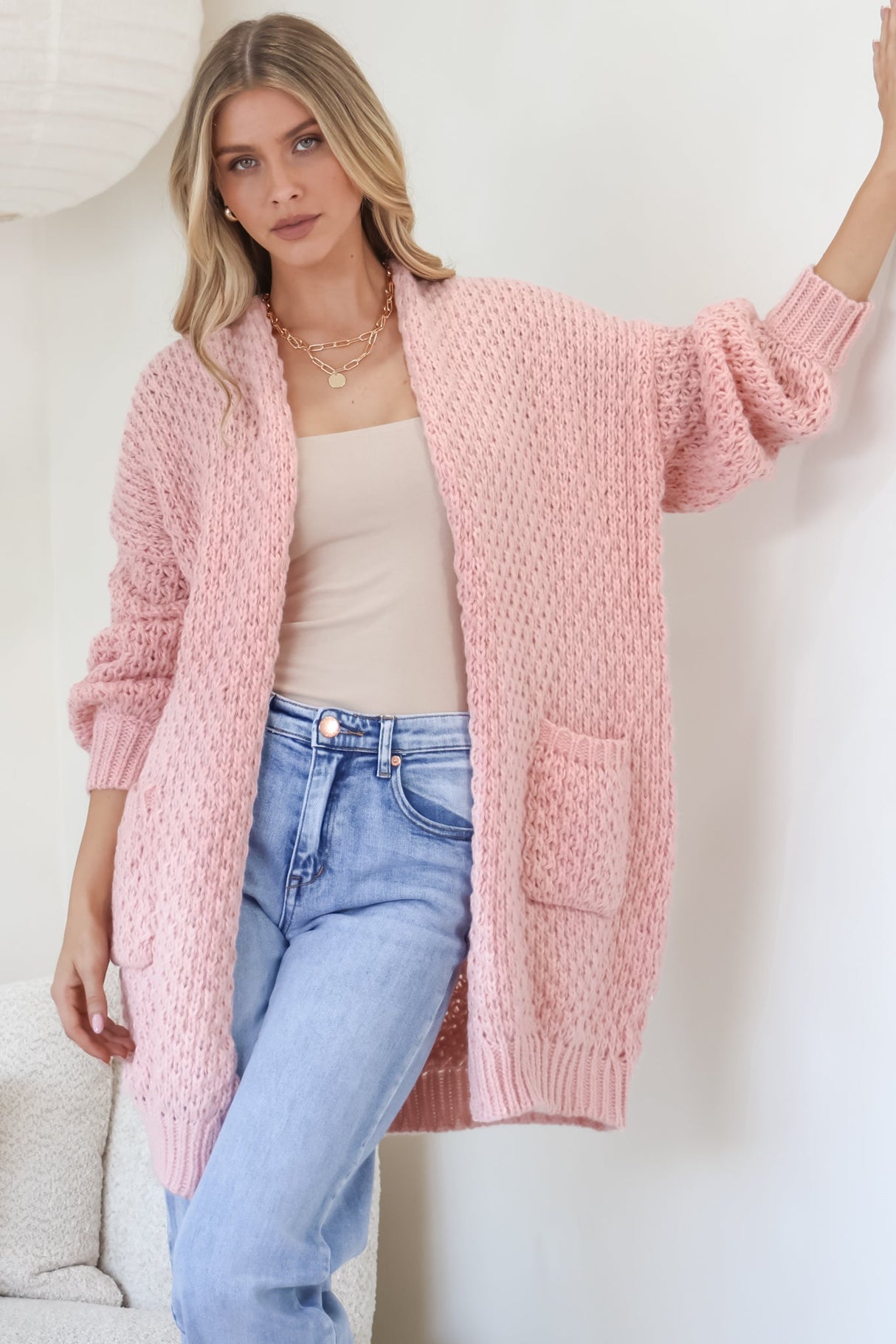 Ricki Cardigan - Open Front Chunky Knit Cardigan in Blush