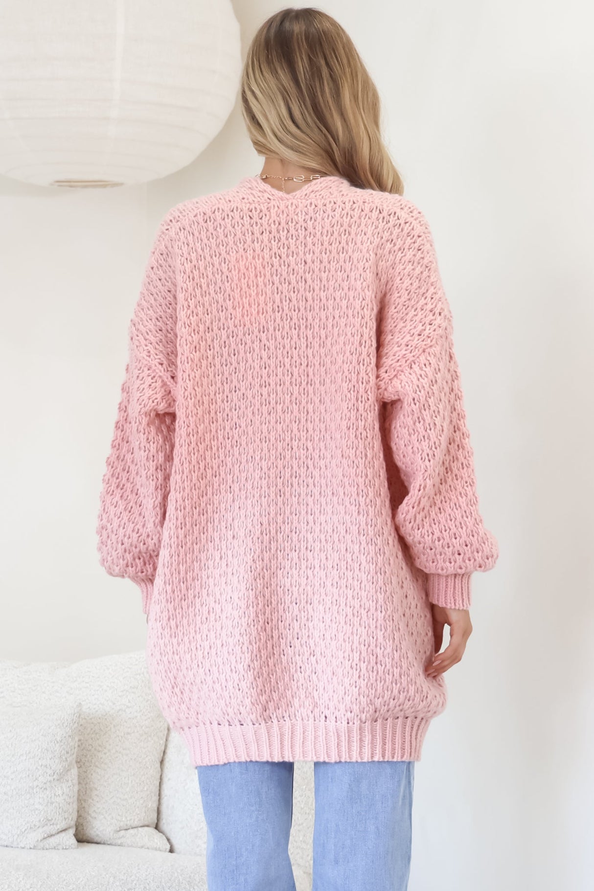 Ricki Cardigan - Open Front Chunky Knit Cardigan in Blush