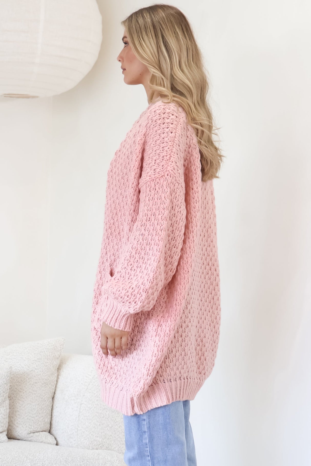 Ricki Cardigan - Open Front Chunky Knit Cardigan in Blush