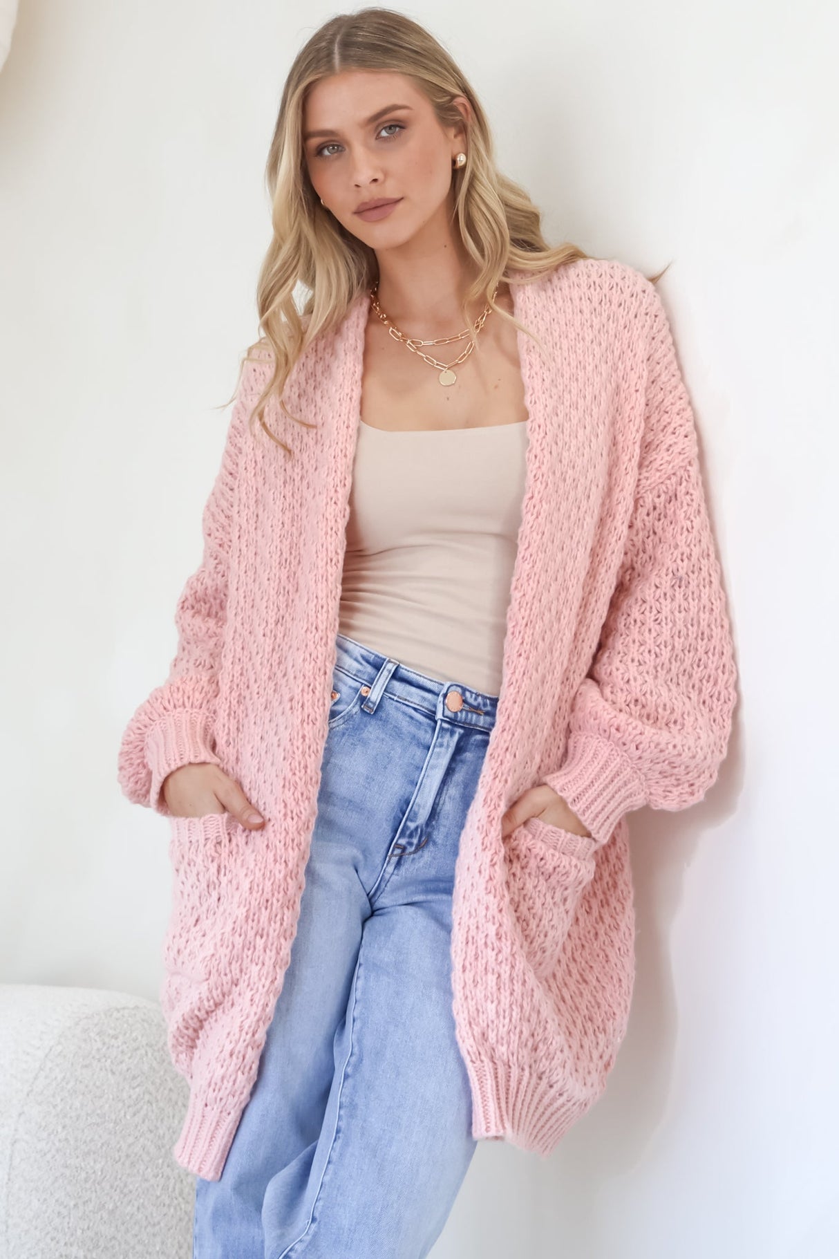 Ricki Cardigan - Open Front Chunky Knit Cardigan in Blush