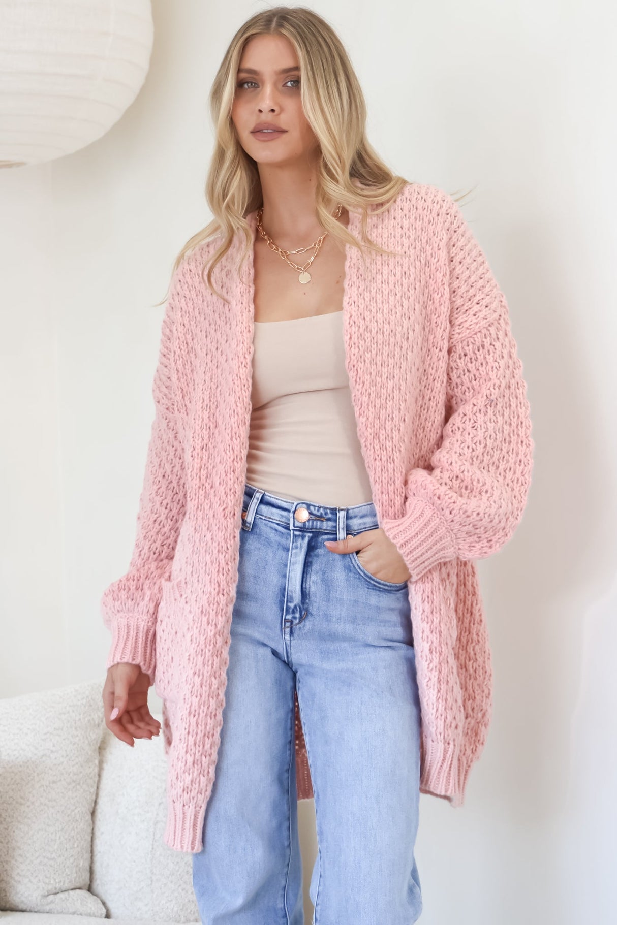 Ricki Cardigan - Open Front Chunky Knit Cardigan in Blush