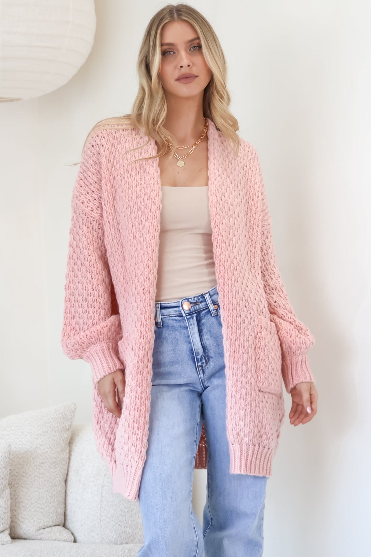 Ricki Cardigan - Open Front Chunky Knit Cardigan in Blush