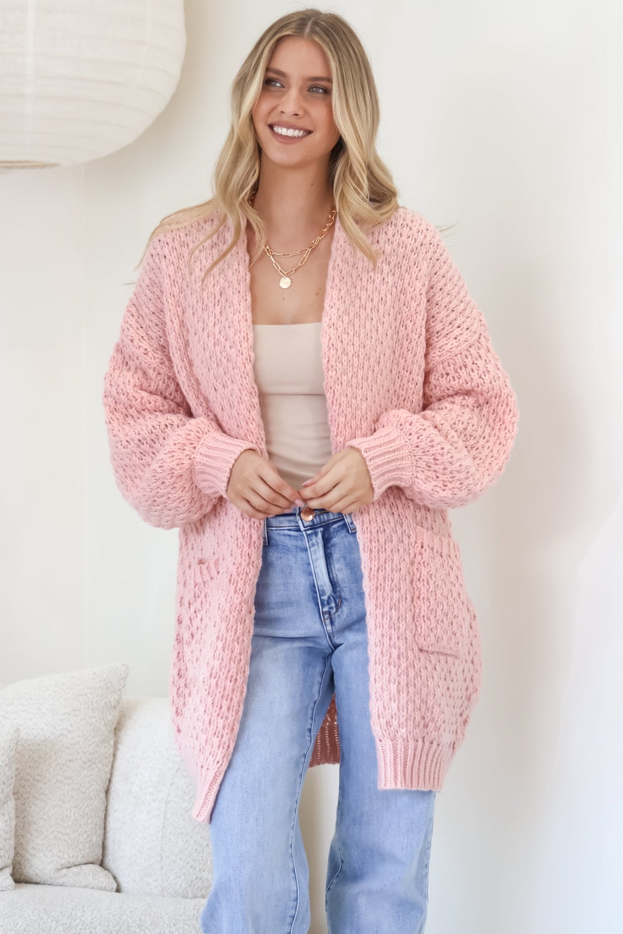 Ricki Cardigan - Open Front Chunky Knit Cardigan in Blush