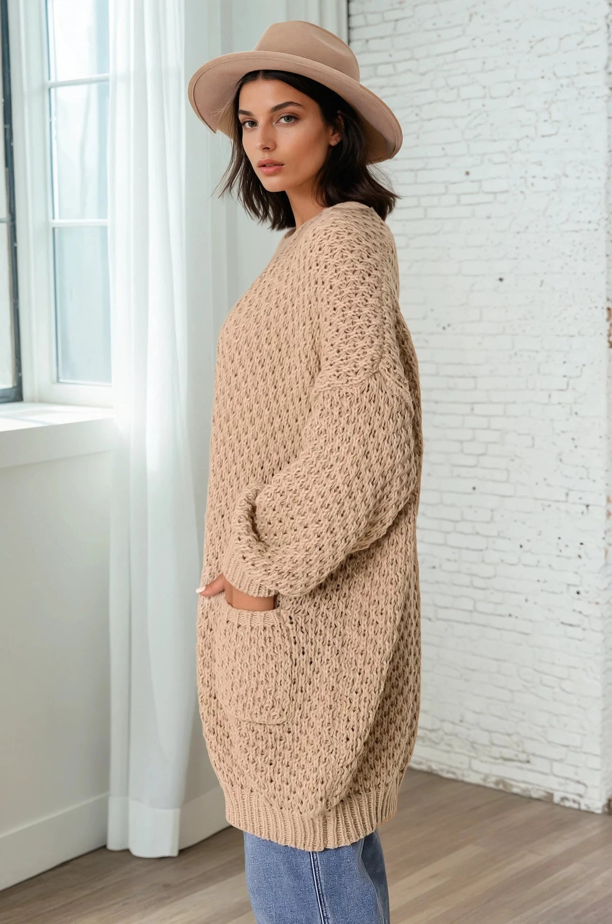 Ricki Cardigan - Open Front Chunky Knit Cardigan in Camel