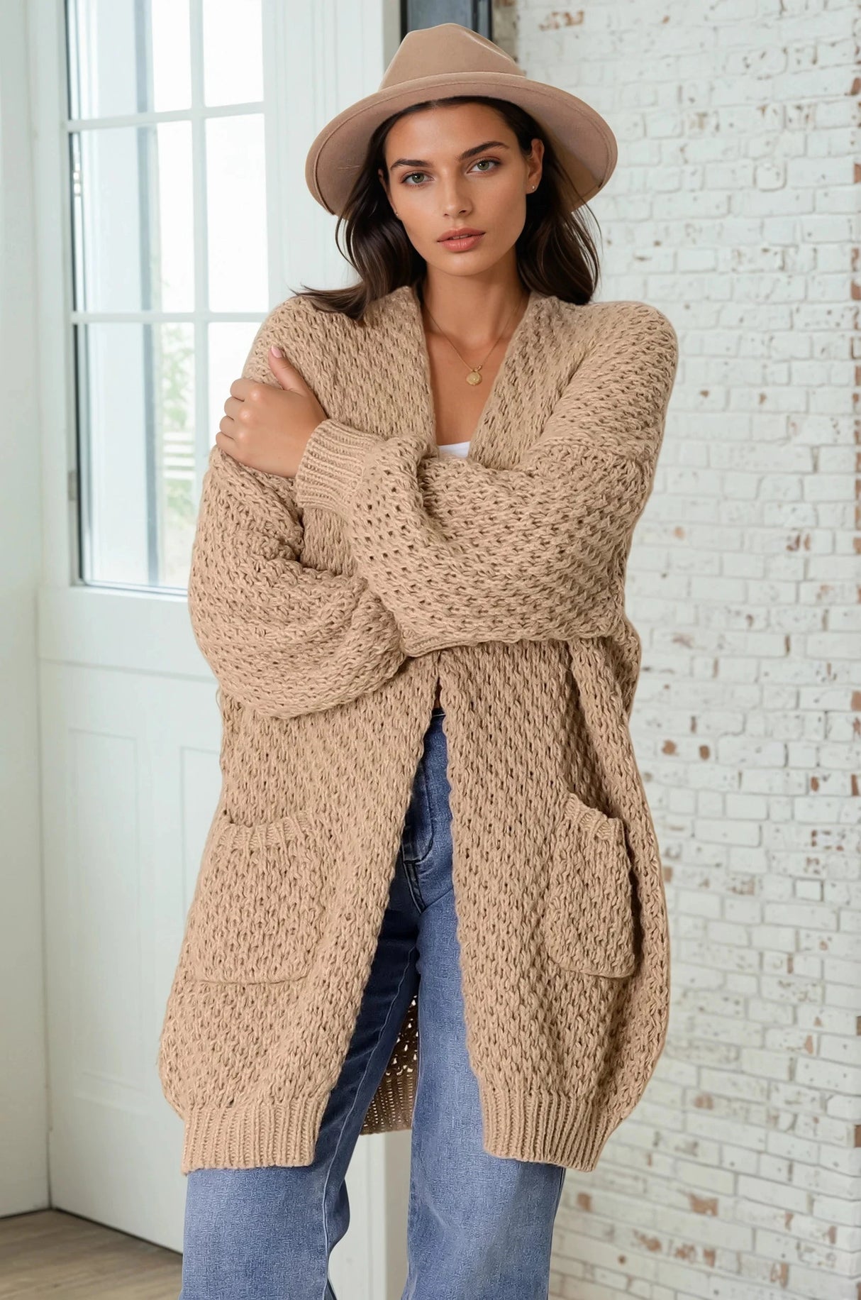 Ricki Cardigan - Open Front Chunky Knit Cardigan in Camel